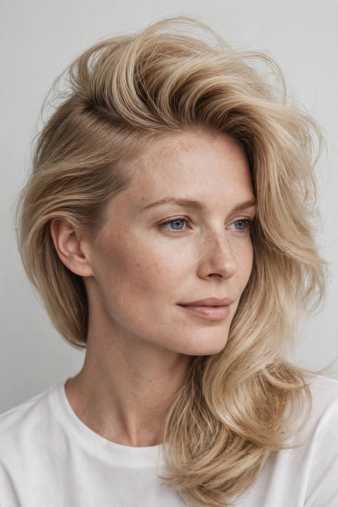woman with fine hair styled in a voluminous side part showing root lift
