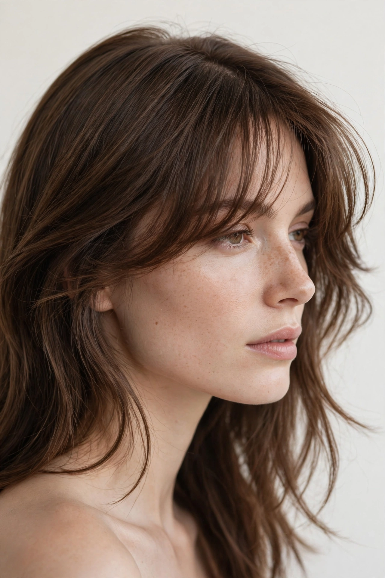 woman with wispy bangs and a soft side part, fringe blending to one side