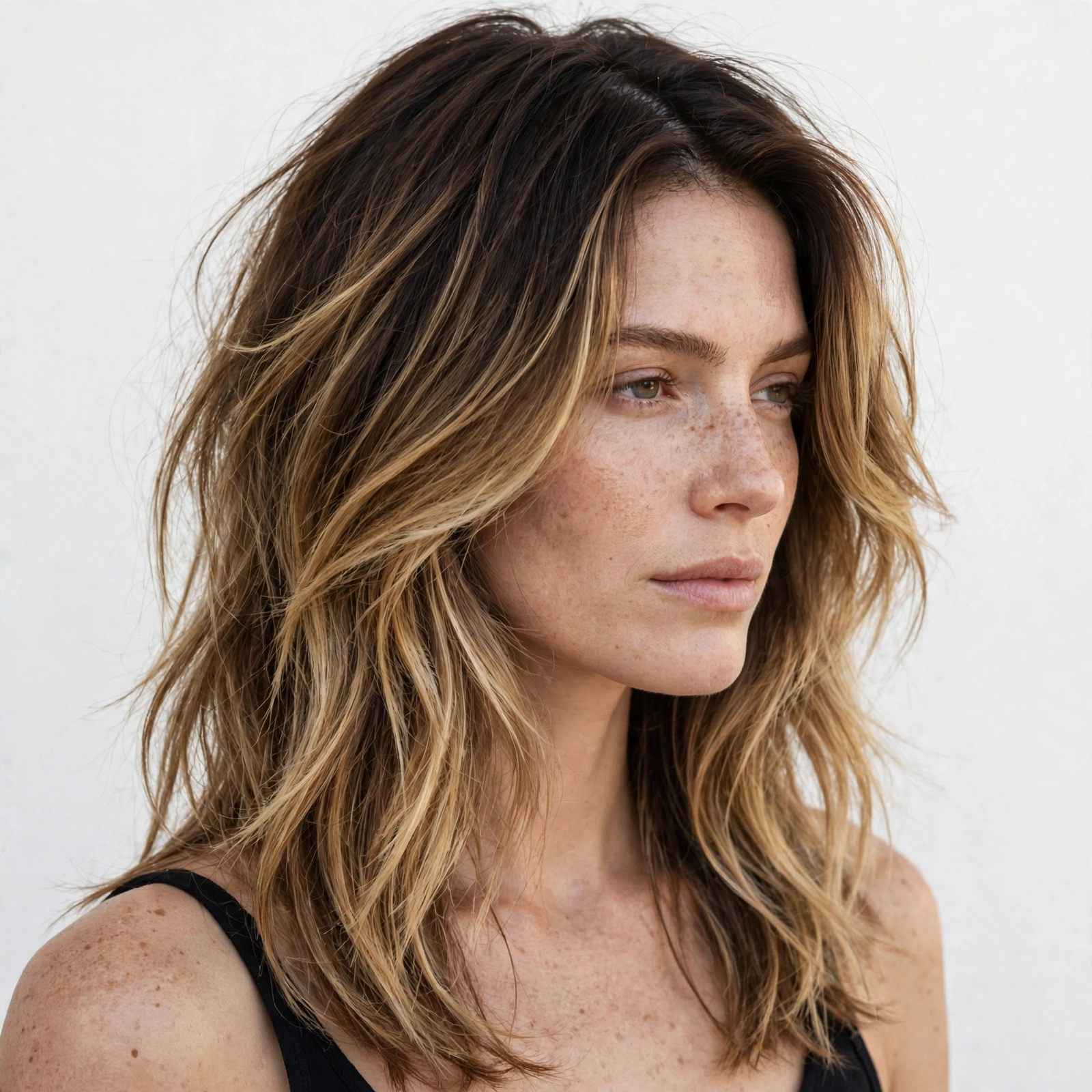 woman with growing-out layered hair in a side part showing healthy natural length