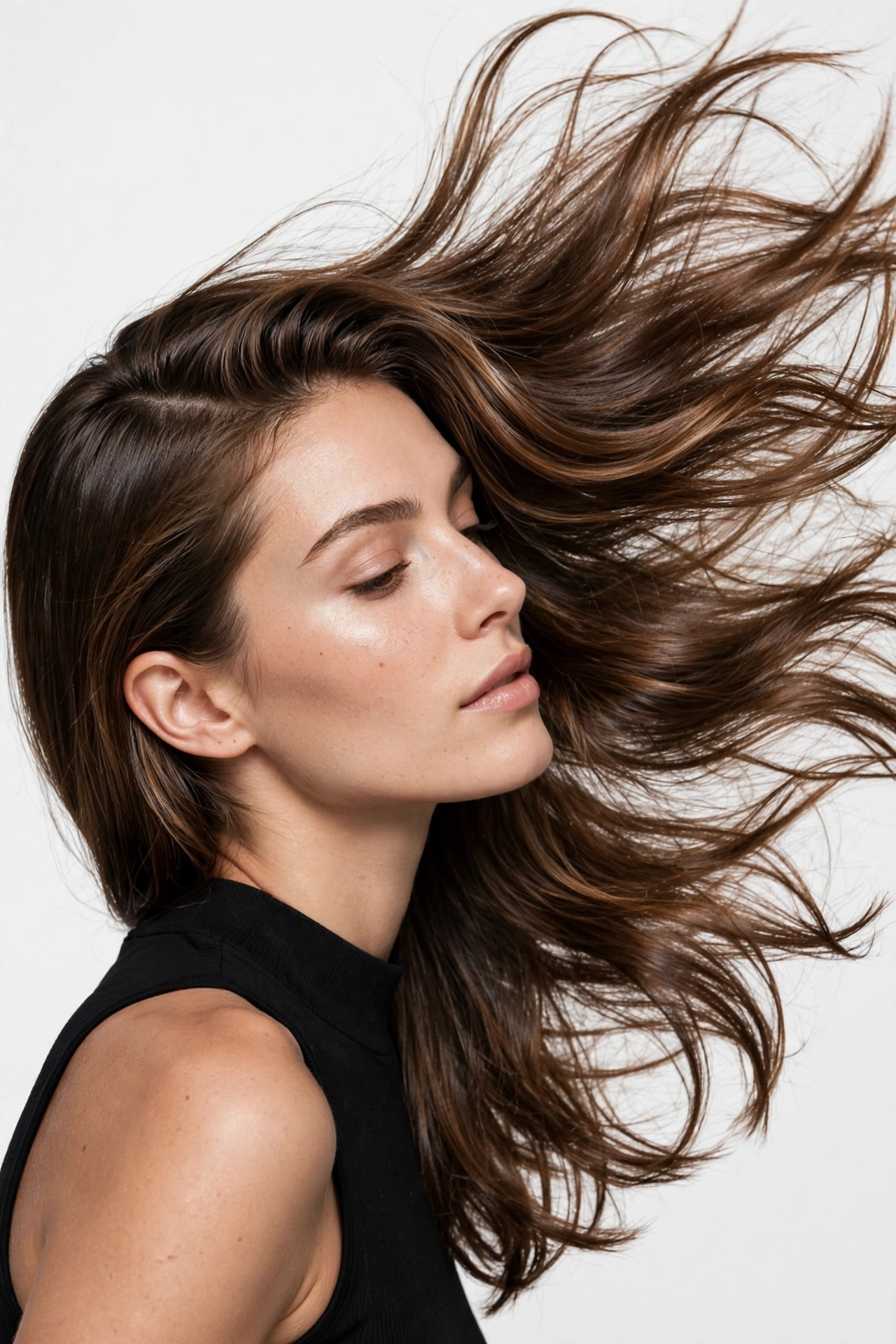 beautiful woman flipping her side-parted hair in motion, glossy healthy hair