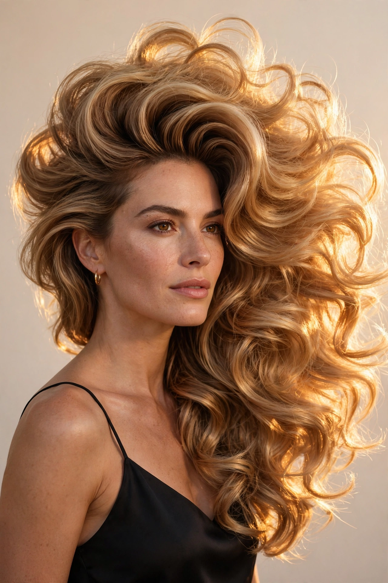 confident woman with a stunning side-parted voluminous hairstyle, golden hour light