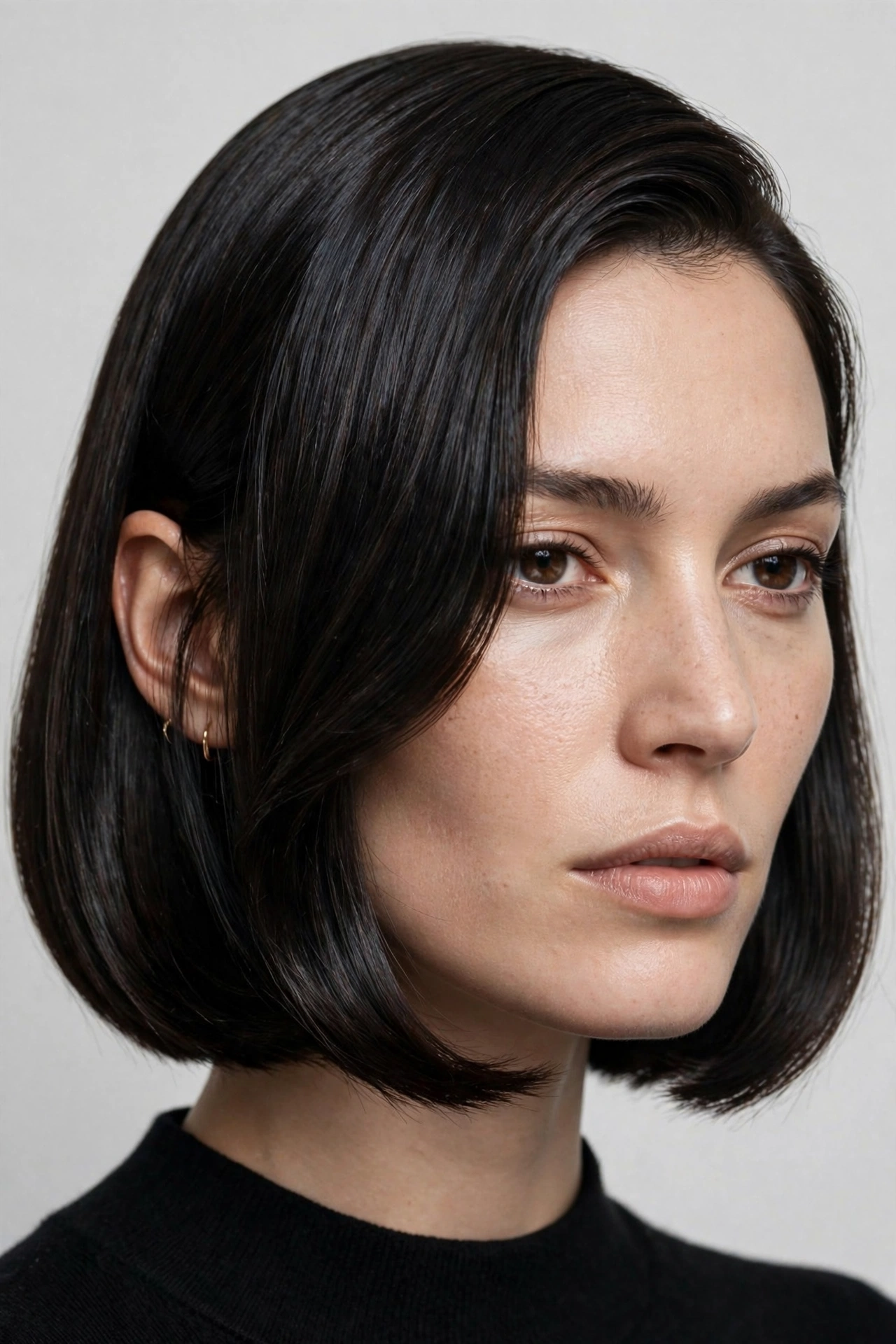 woman with a classic chin-length side-parted bob, sleek and polished, dark hair