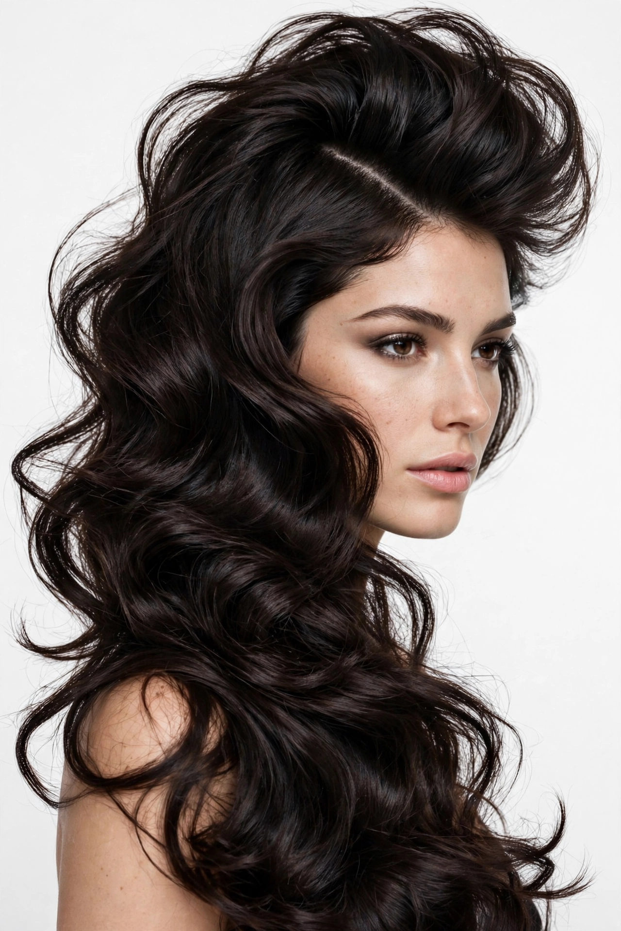 woman with a dramatic deep side part, long dark hair cascading over one shoulder