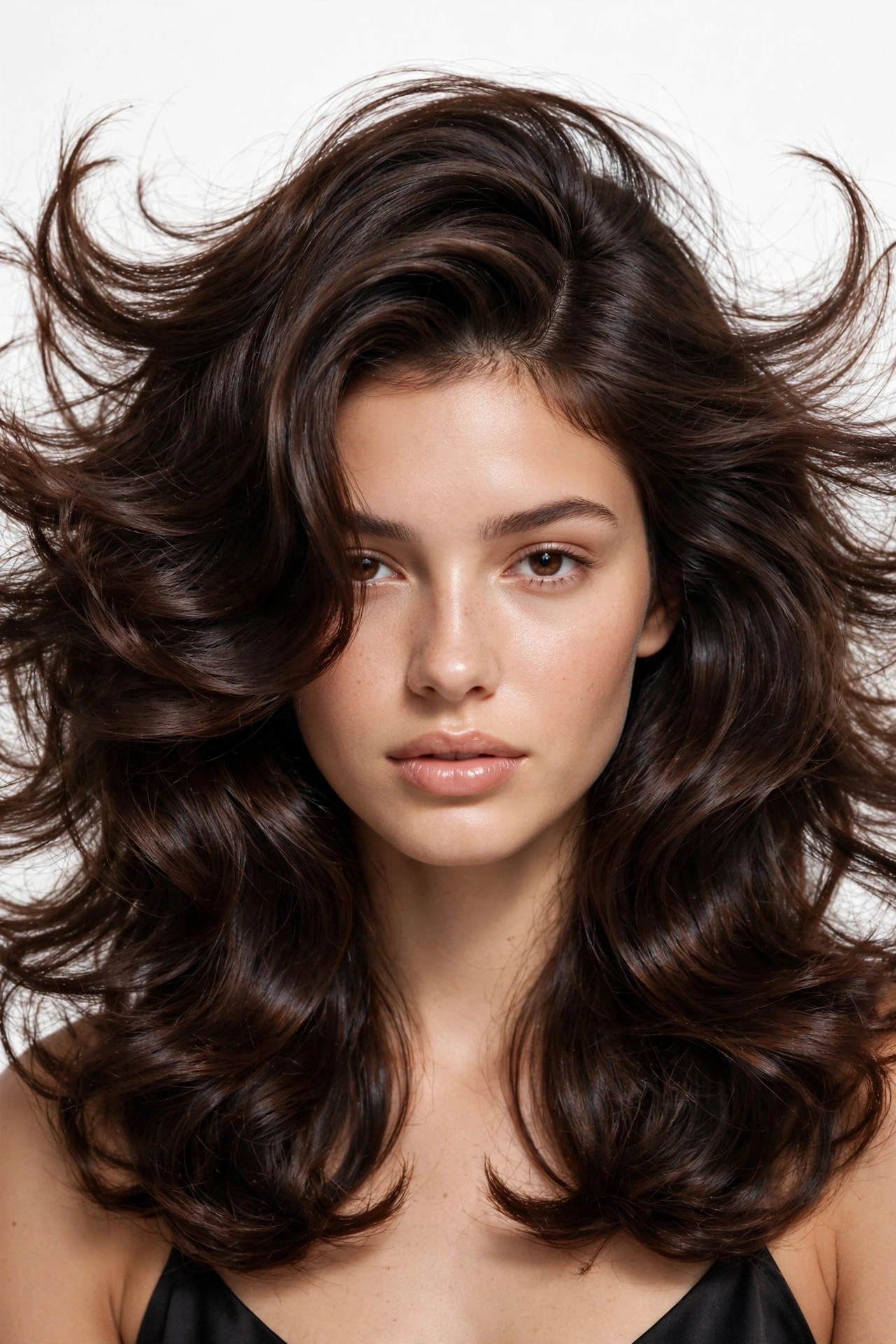 woman with a bouncy salon blowout and side part, voluminous layers, glossy brunette hair