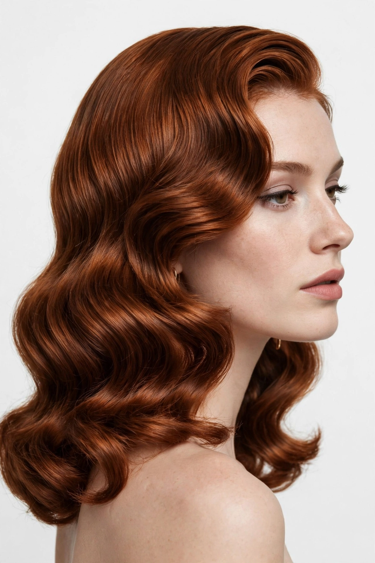 woman with soft side-swept Hollywood waves parted to the side, auburn hair, vintage glamour