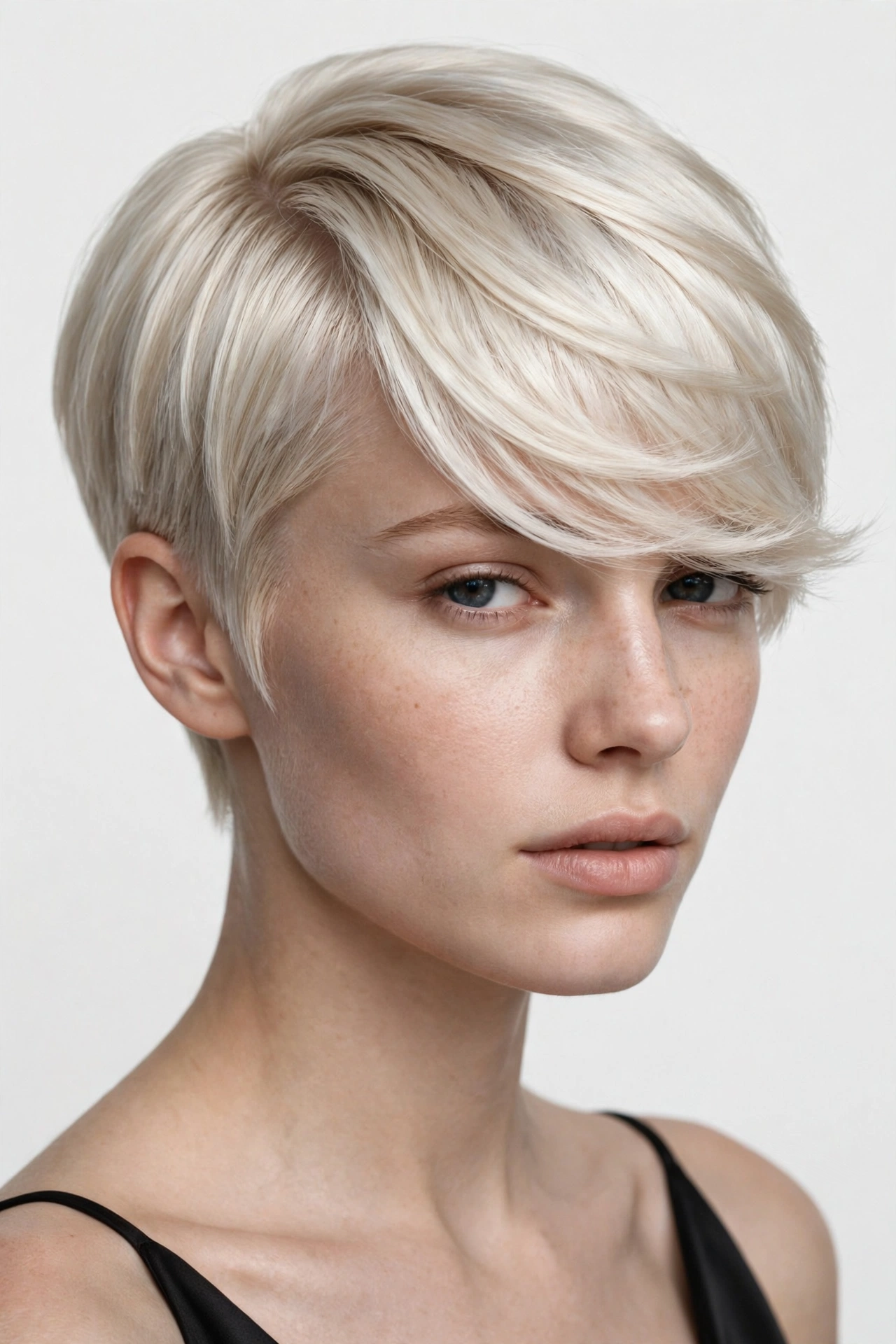 woman with a feminine side-parted pixie cut, longer front sweeping across forehead, platinum blonde