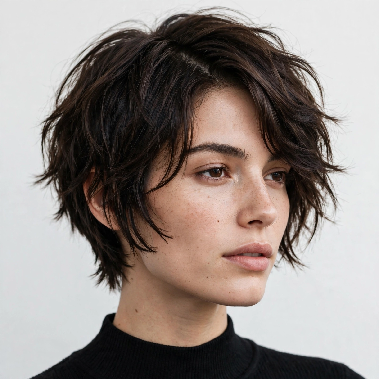 woman with a textured bixie haircut and side part, tousled layers just above the jaw