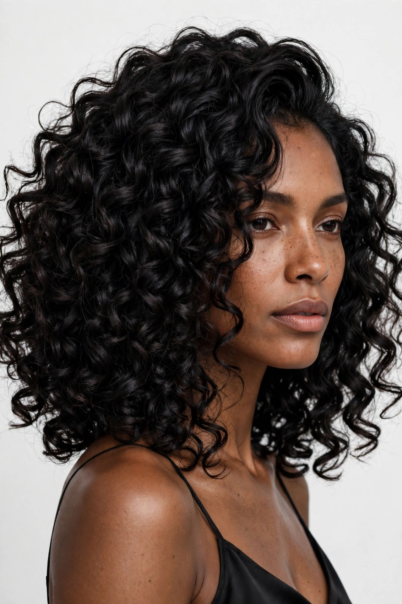 woman with defined natural curls parted to the side, shoulder-length curly bob, black hair