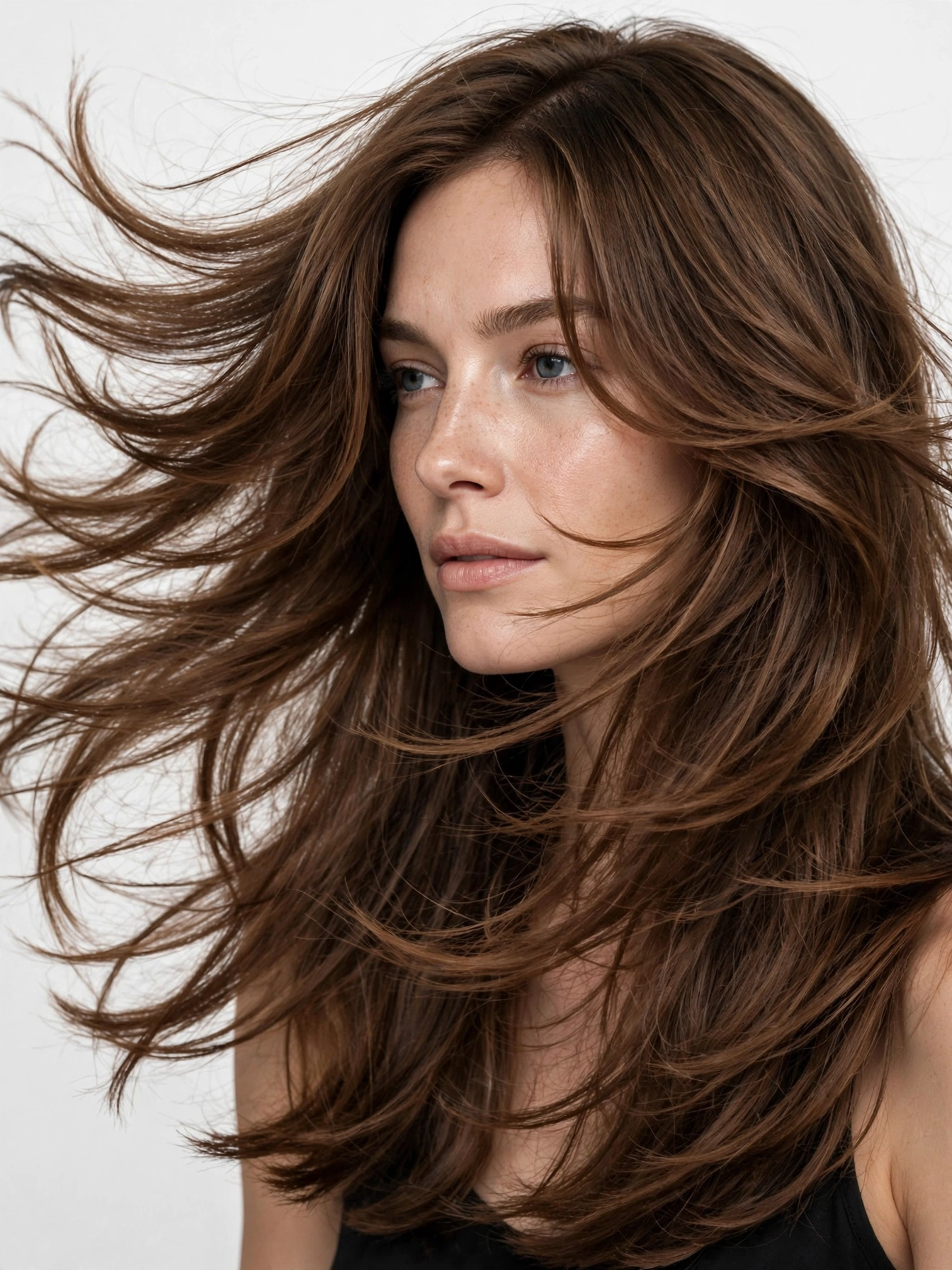 woman with long layered hair parted to the side, face-framing layers, chestnut brown