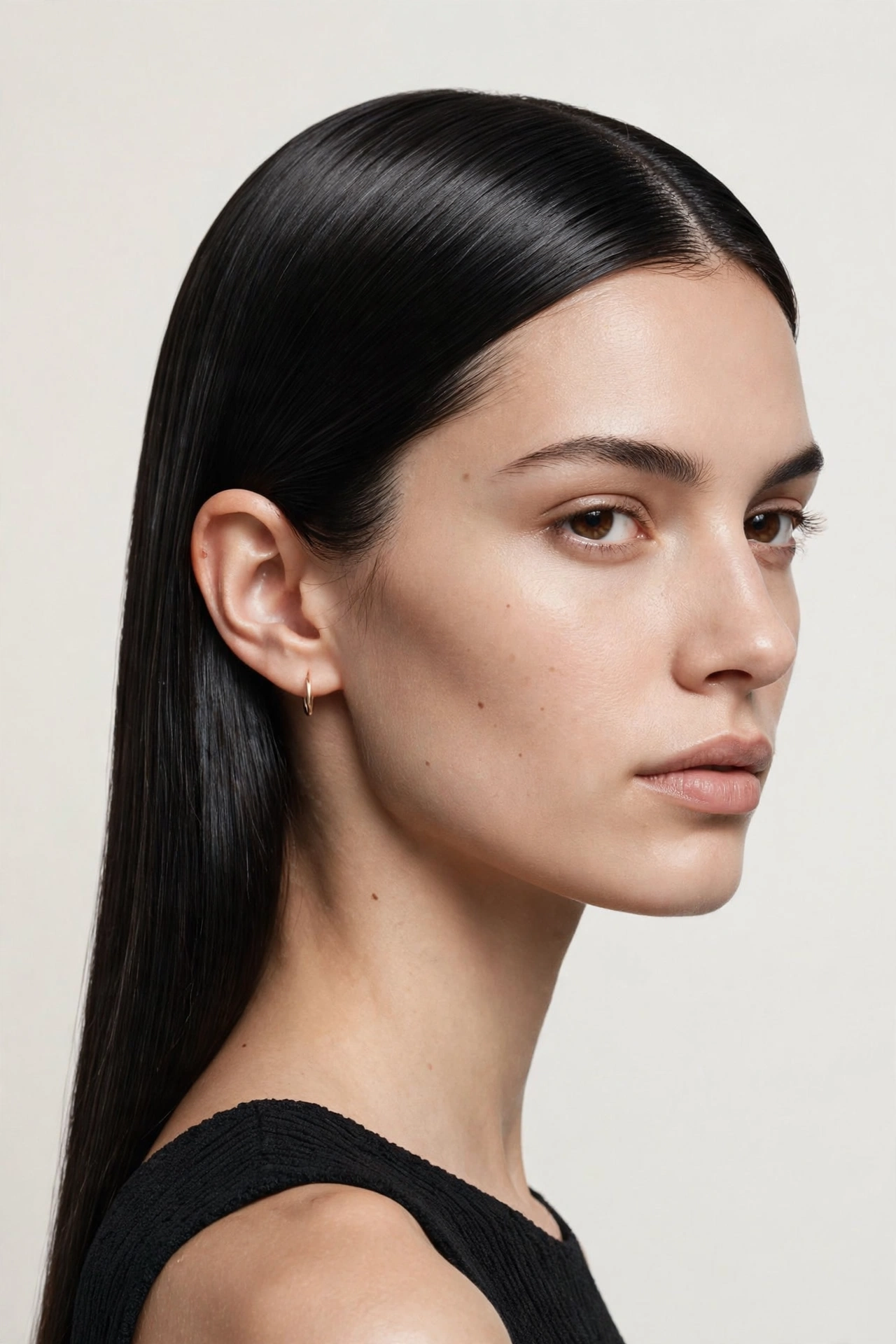woman with an ultra-sleek straight side-parted hairstyle, glass-like shine, black hair