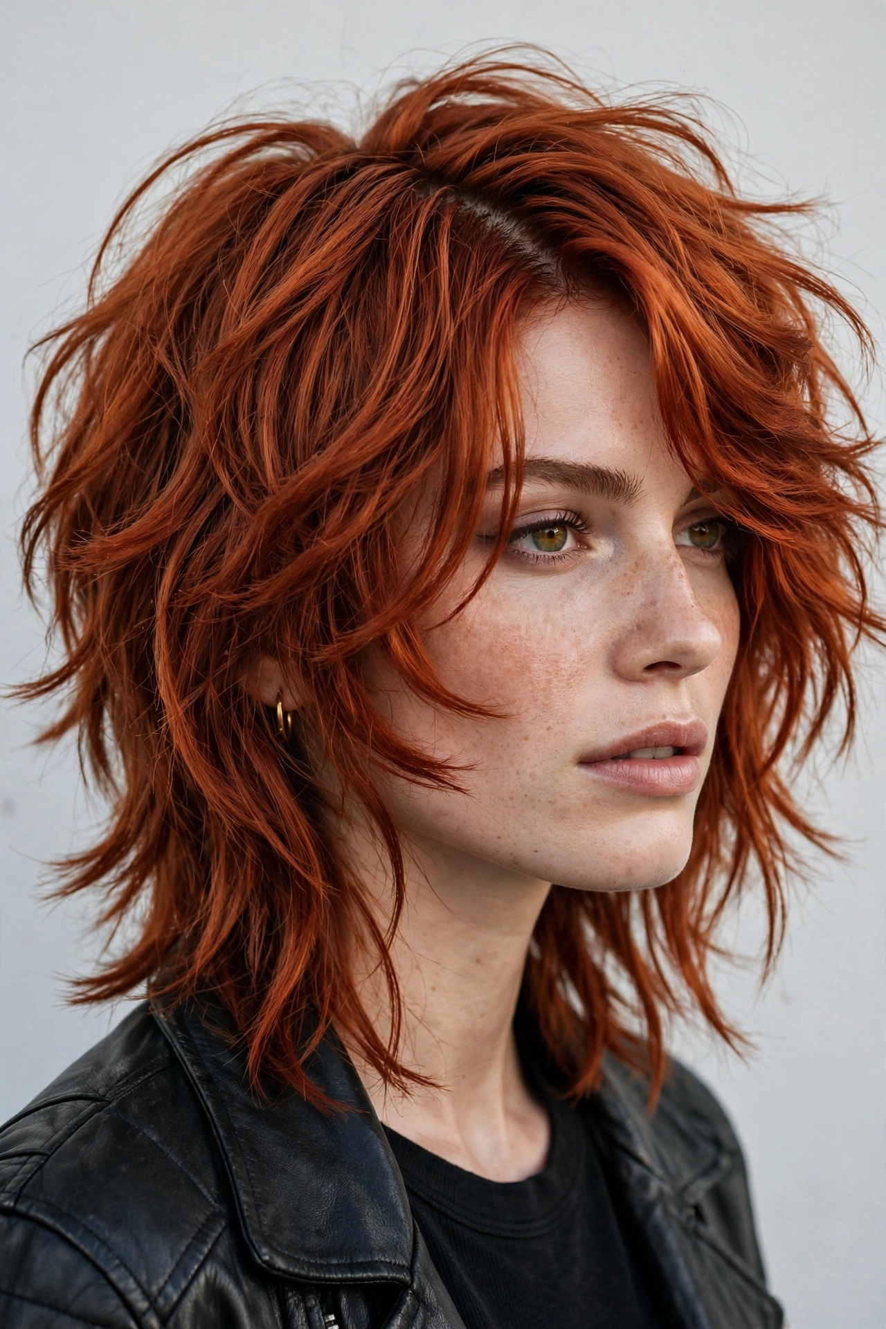 woman with a layered side-parted shag haircut, choppy ends, copper red hair, rock-chic