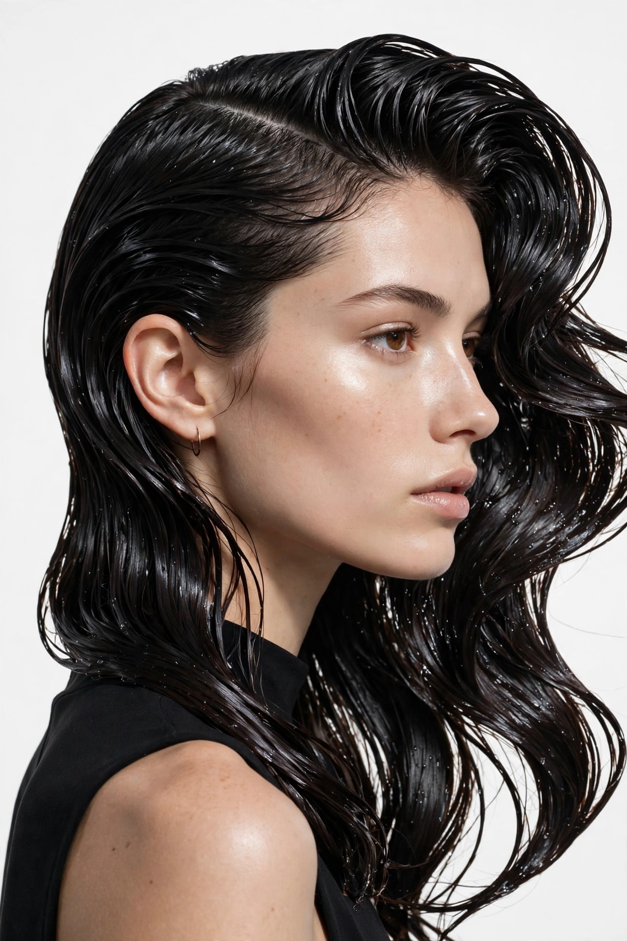 woman with a side-parted wet-look hairstyle, slicked glossy finish, dark hair, editorial