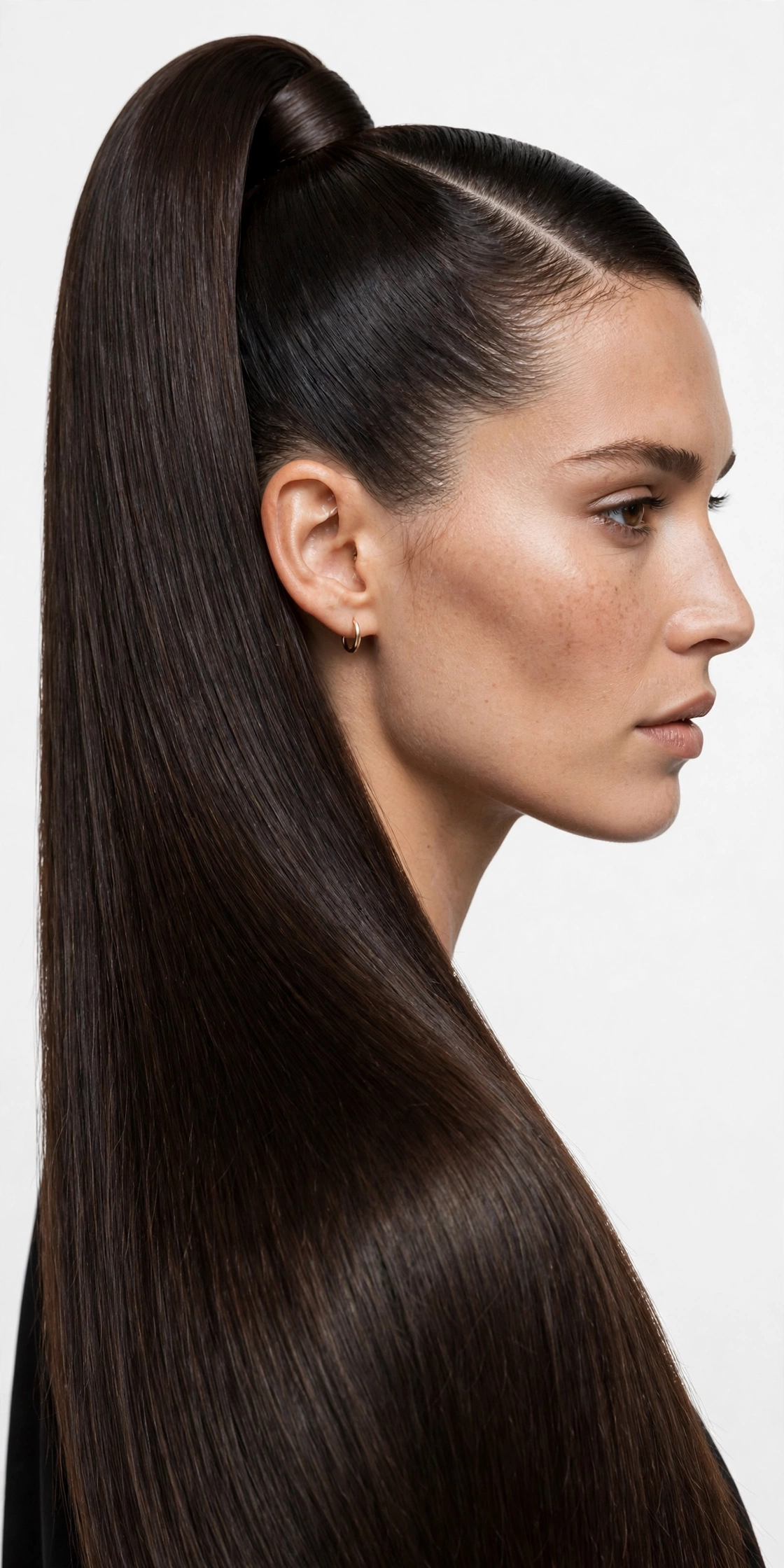 woman with a high sleek ponytail and deep side part, smooth crown, long ponytail