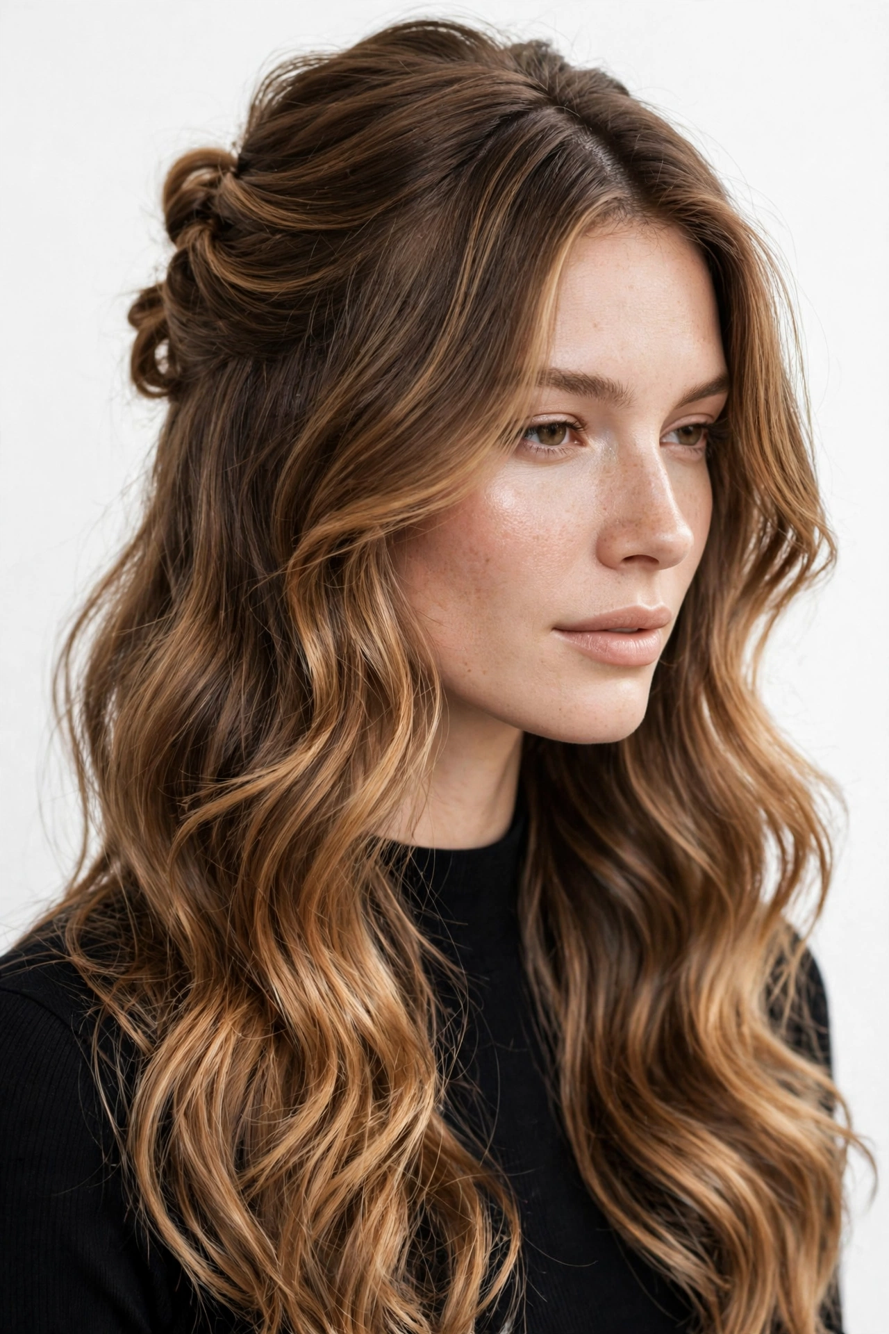 woman with a romantic half-up hairstyle and side part, soft waves, caramel highlights