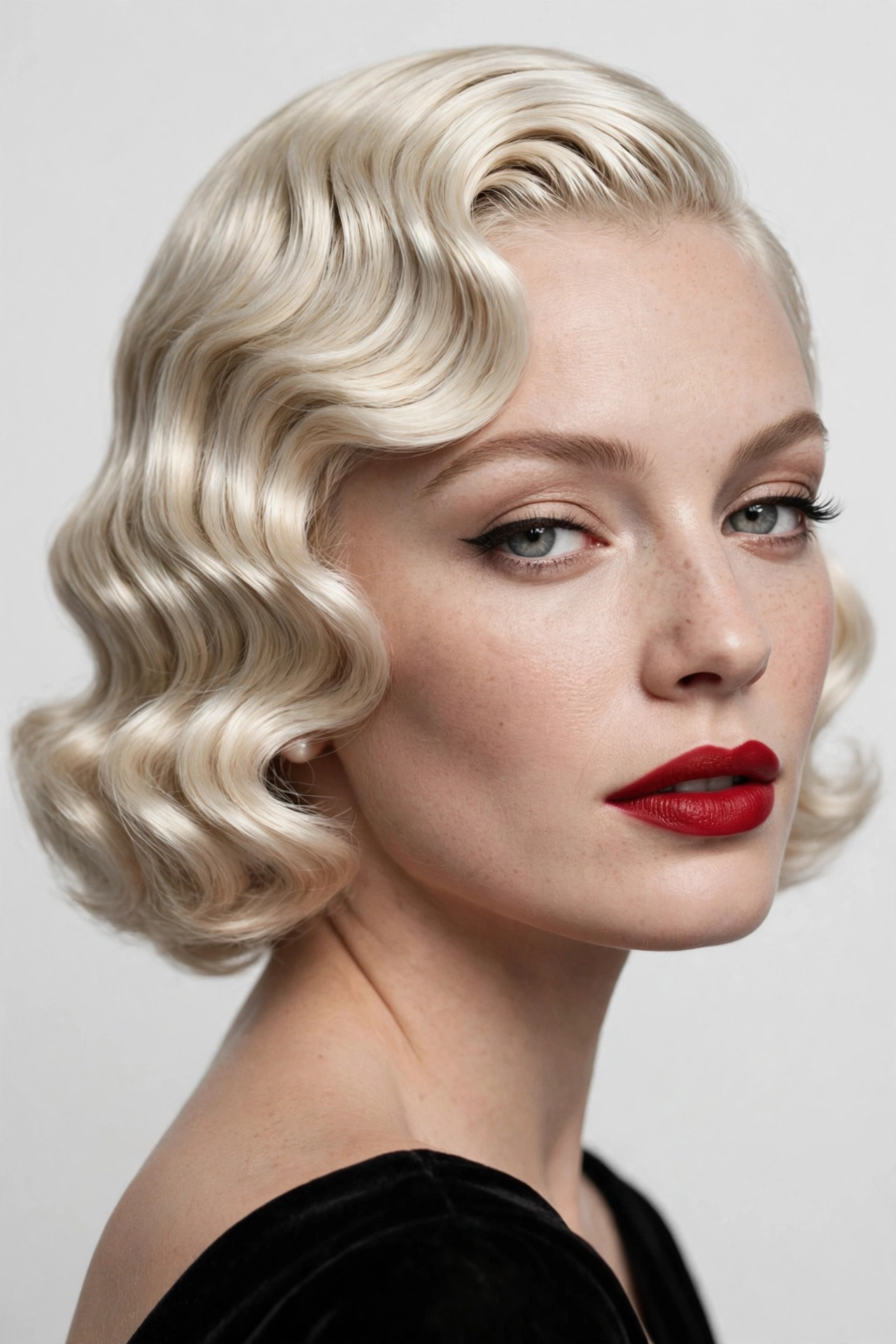 woman with vintage old-Hollywood side-parted finger waves, platinum blonde, glamorous