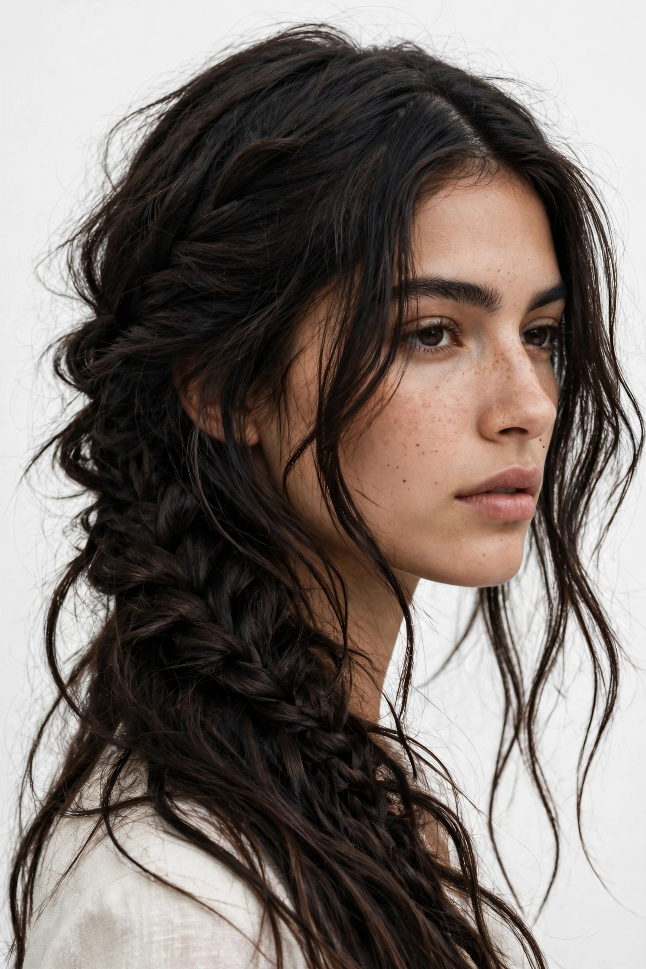 woman with a side-parted hairstyle featuring a loose side braid, long dark hair, bohemian