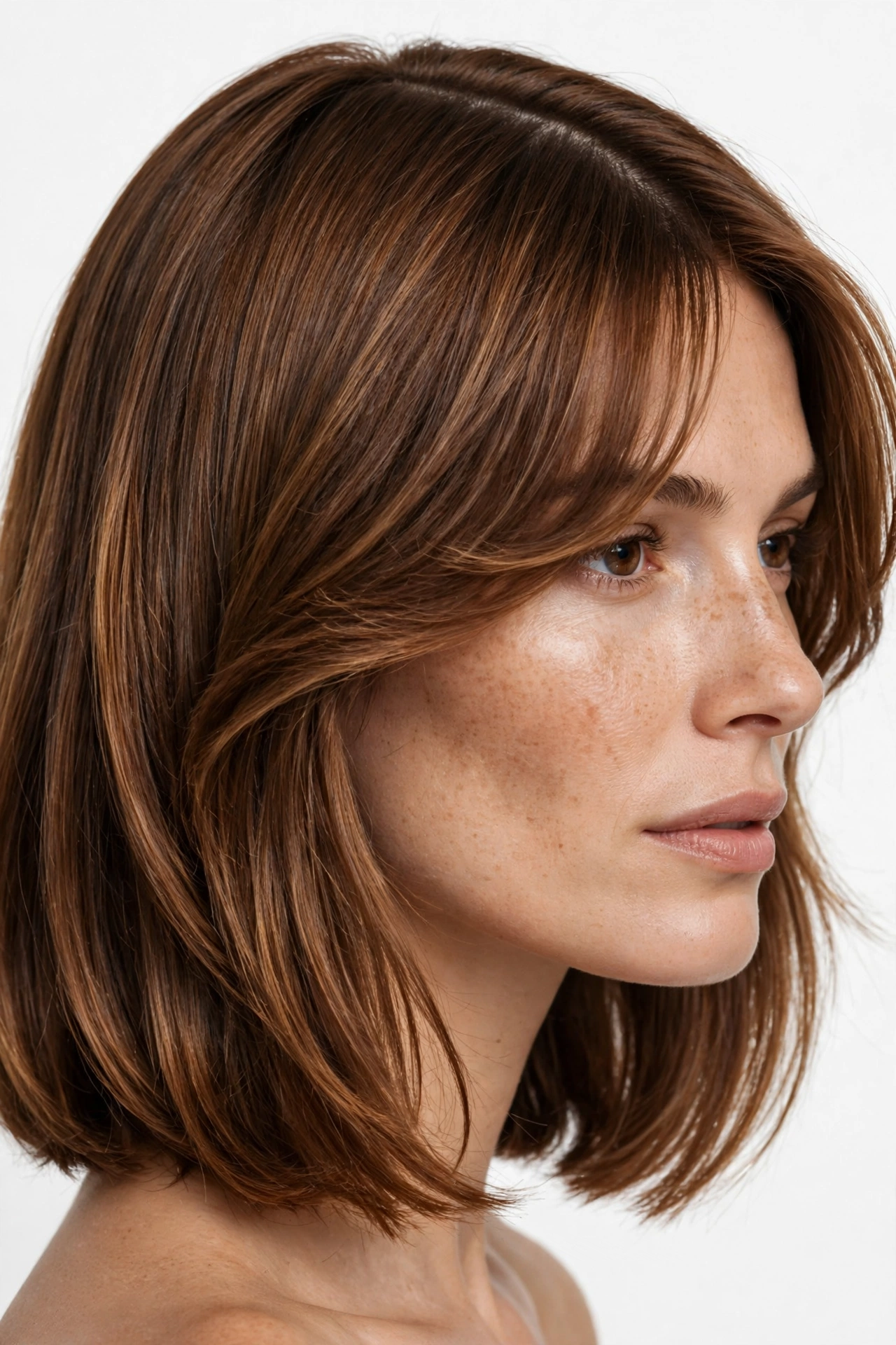 woman with side-swept bangs blended into a side part, shoulder-length bob, warm brown hair