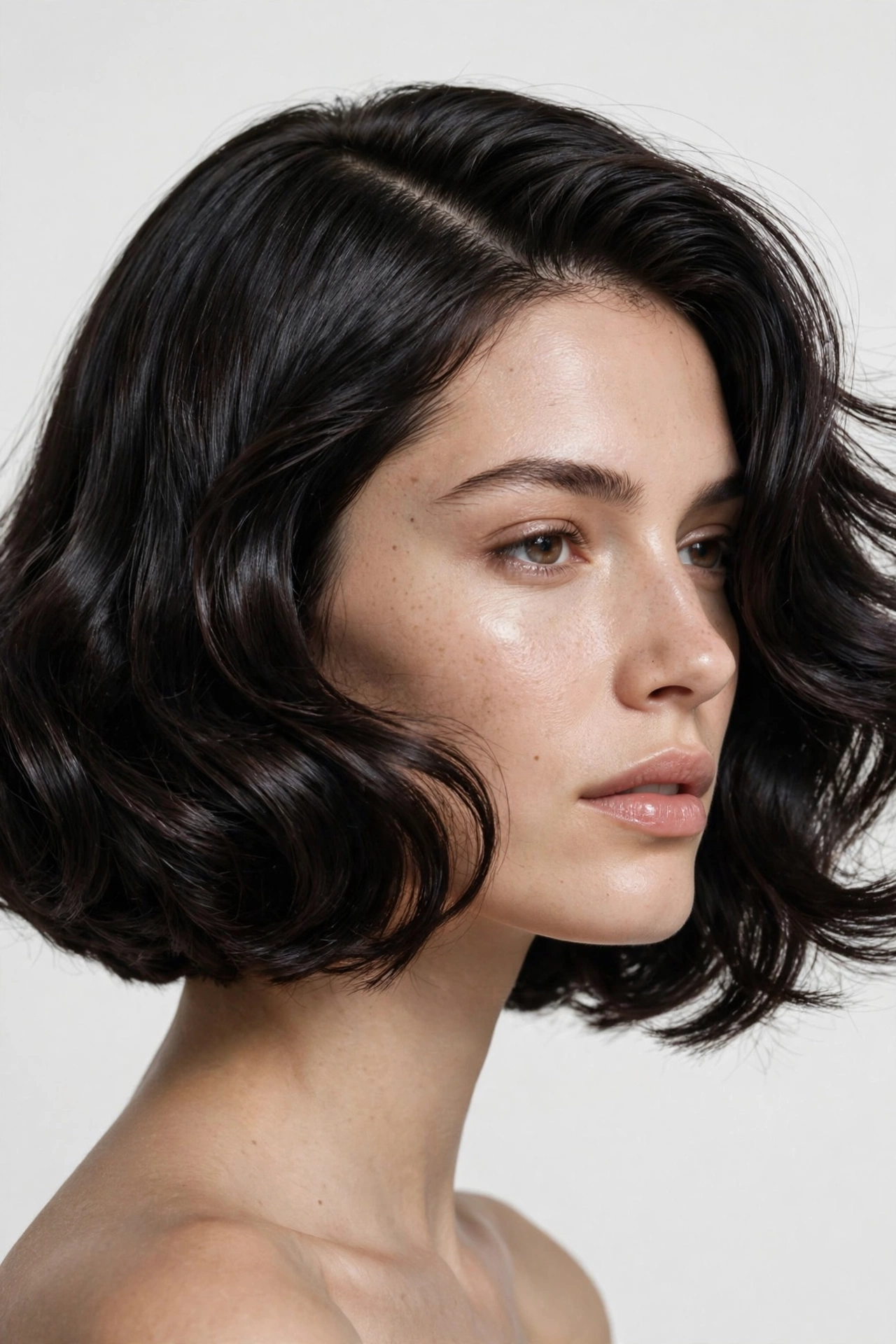 woman with a chic Italian bob and side part, weighty ends at the jaw, dark glossy hair