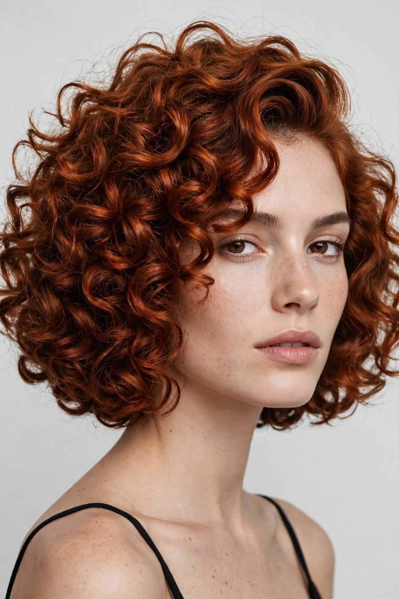 woman with a voluminous curly side-parted bob, tight defined curls, auburn hair