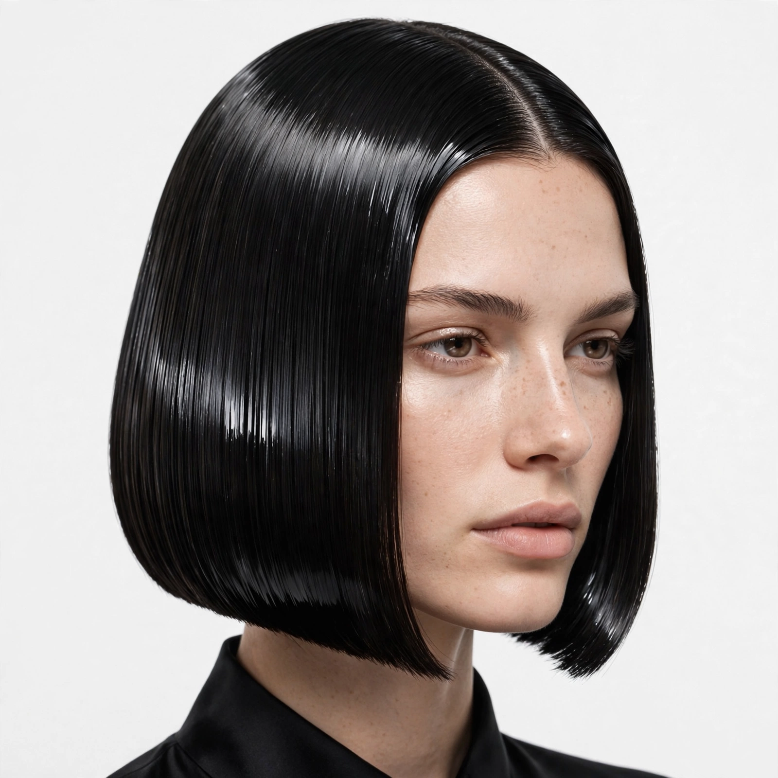 woman with a razor-sharp glass-hair bob and precise side part, mirror shine, black hair