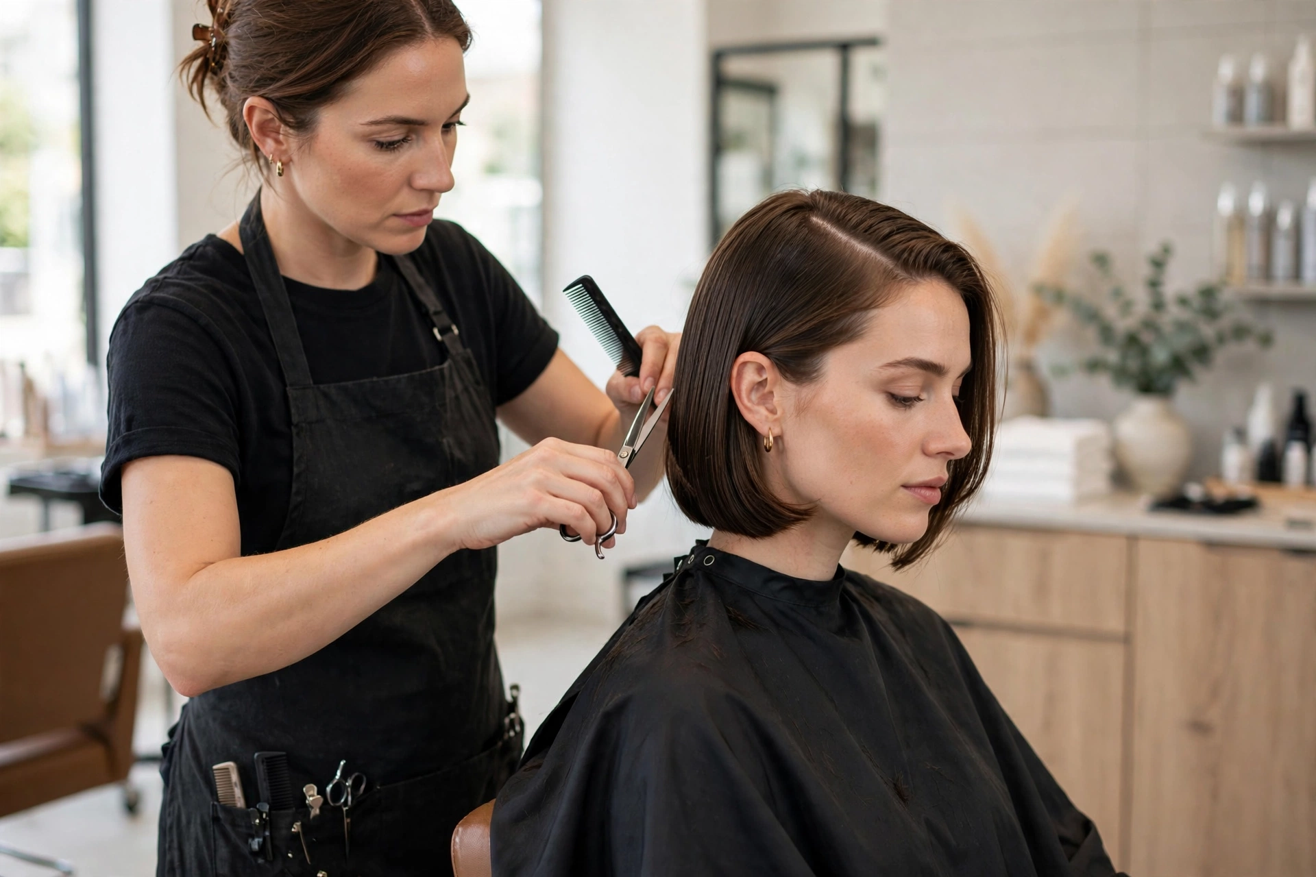 hairstylist trimming a woman's side-parted bob with scissors during a salon maintenance appointment