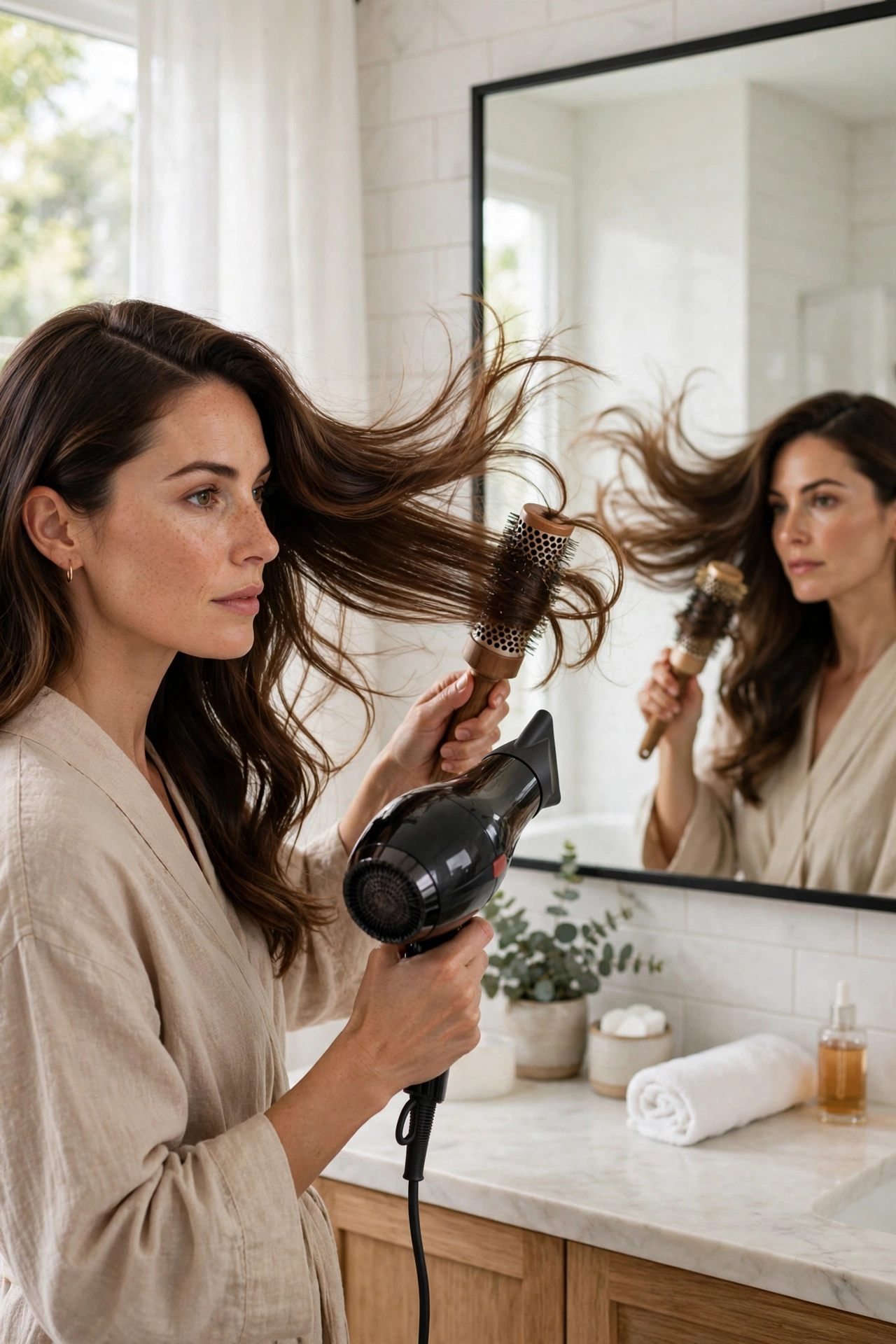 woman styling her side-parted hair at home in front of a mirror with a round brush and hairdryer
