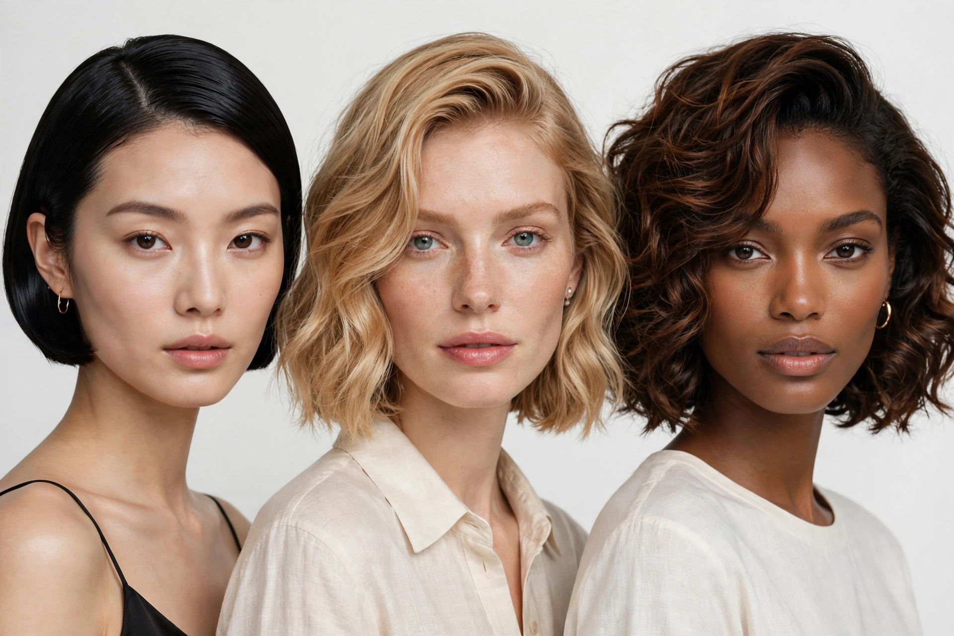 three female models with different side-parted hairstyles, bobs and waves, editorial composition