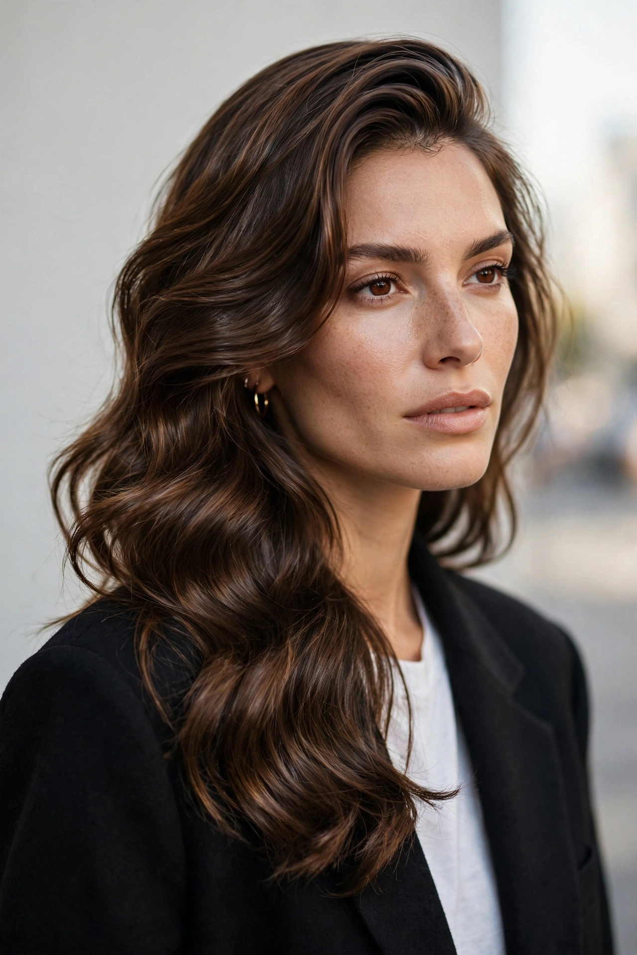 stylish woman with side-parted loose waves, street-style fashion feel