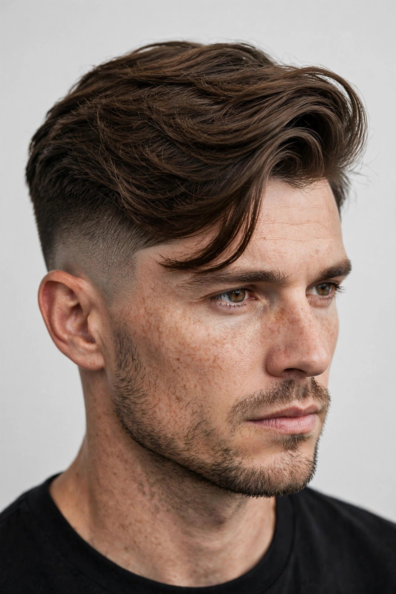 Man with side swept undercut hairstyle 2026 in natural matte finish