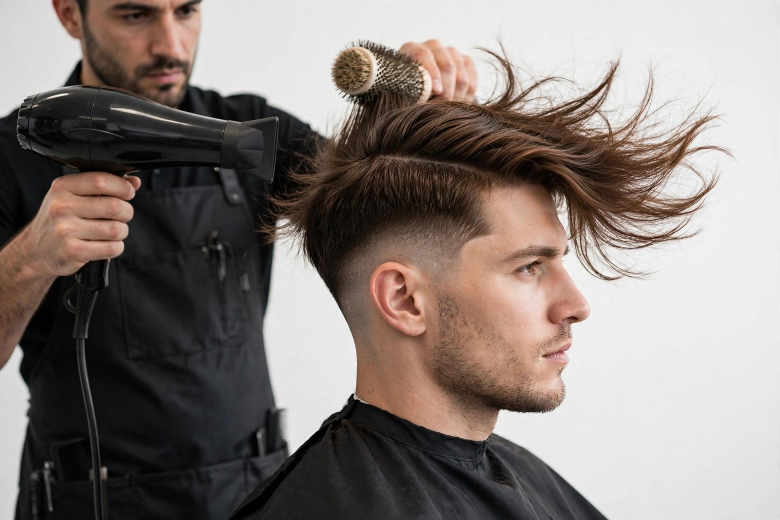 Styling a side swept undercut men with blow dryer directing hair to the side