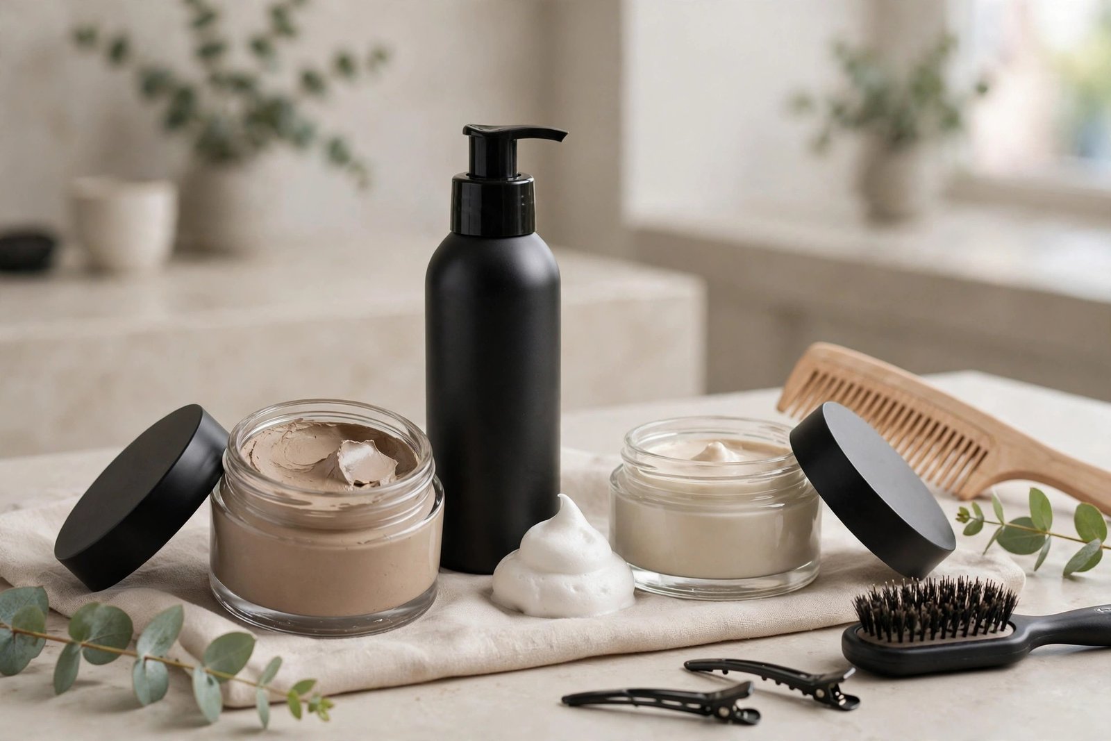 Styling products for side swept undercut men including clay cream pomade and mousse