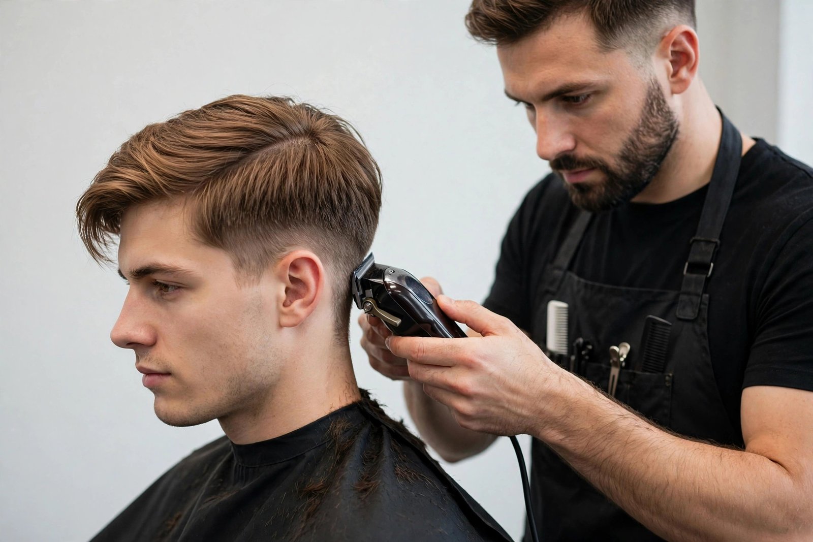 Barber maintaining side swept undercut men with clippers on the disconnected sides