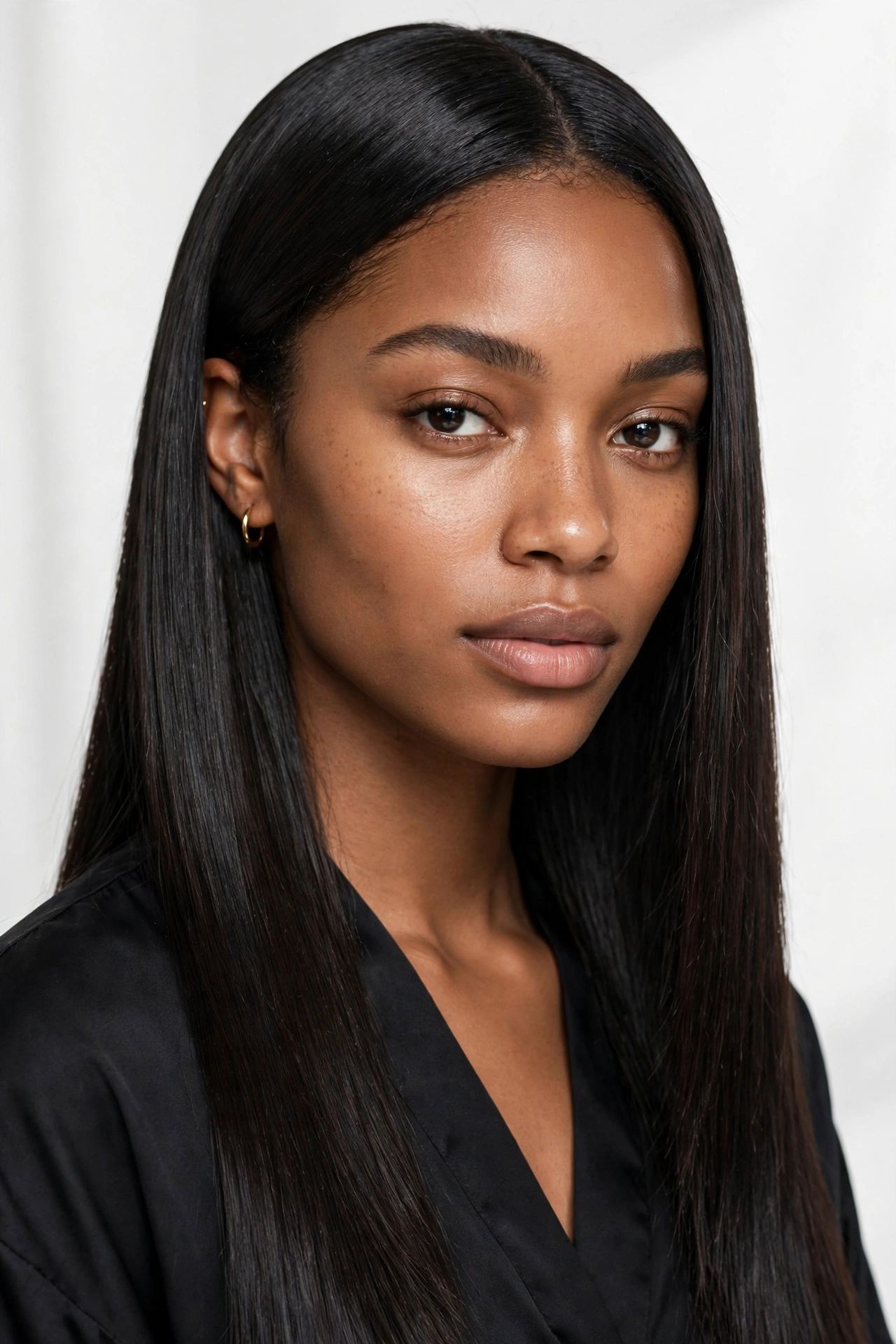 Woman with a silk press showing how sleek straight hair frames her face