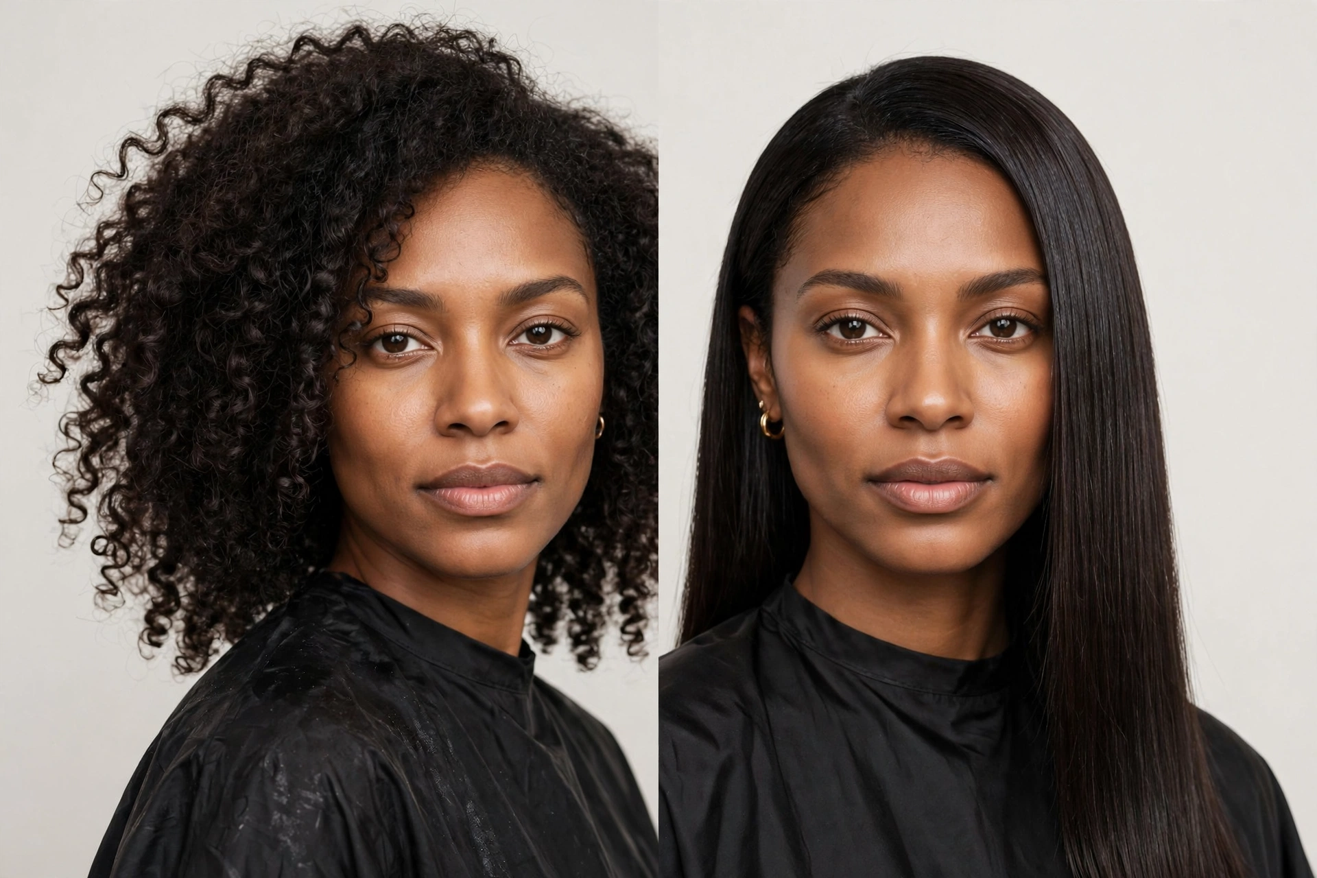 Woman with natural curly hair beside her silk pressed straight hair, before and after