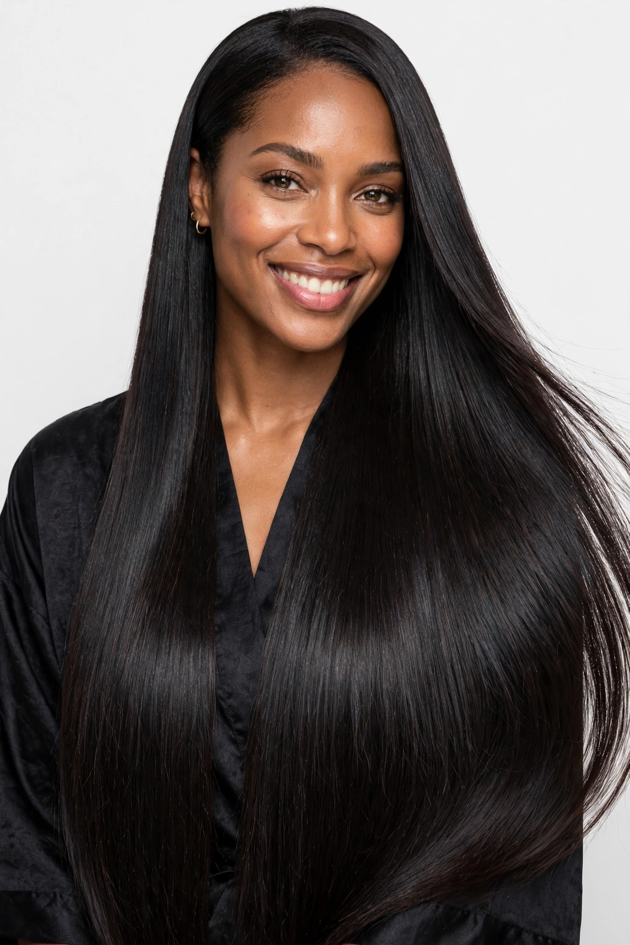 Woman with a glossy silk press smiling, long sleek straight natural hair