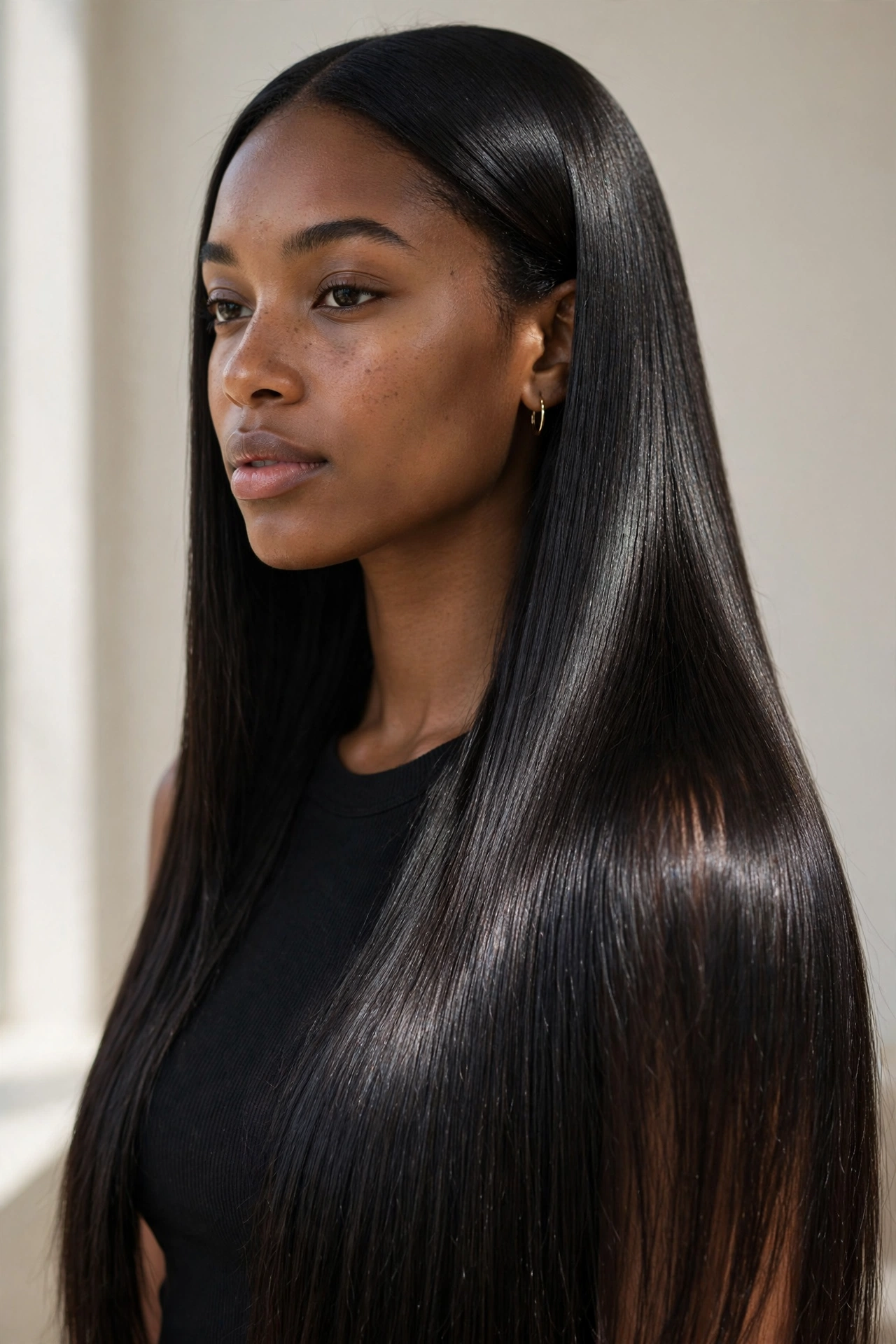 Woman with a stunning glossy silk press in soft window light
