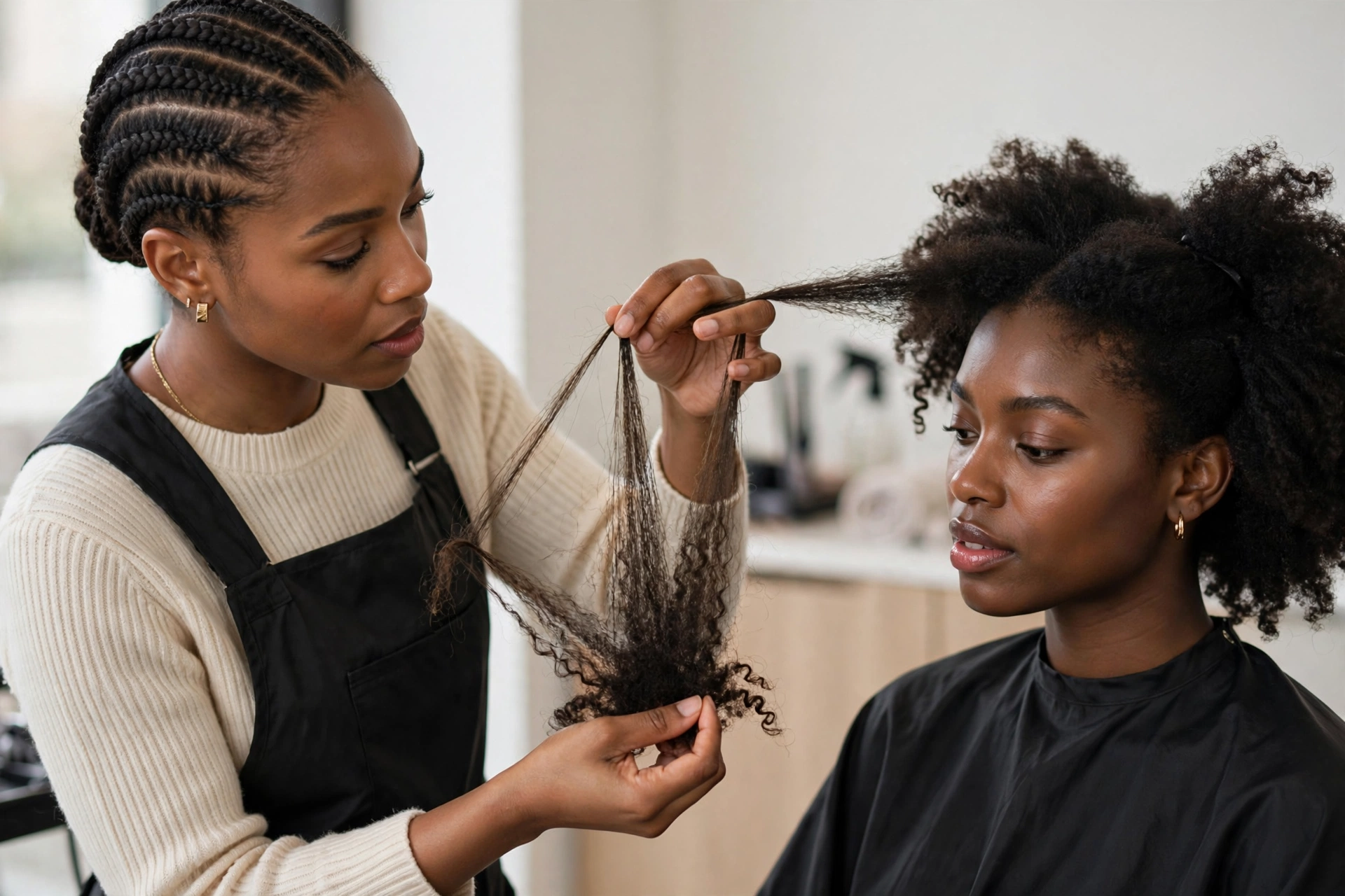 Stylist consulting with a client about her silk press in a salon