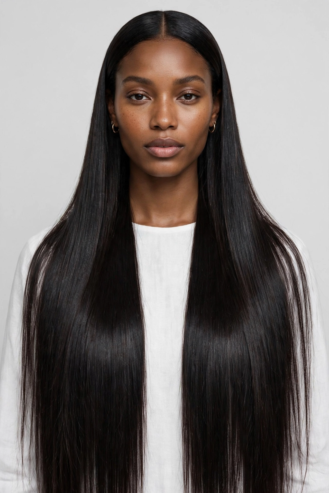 Woman with a fresh silk press tossing her sleek shiny hair