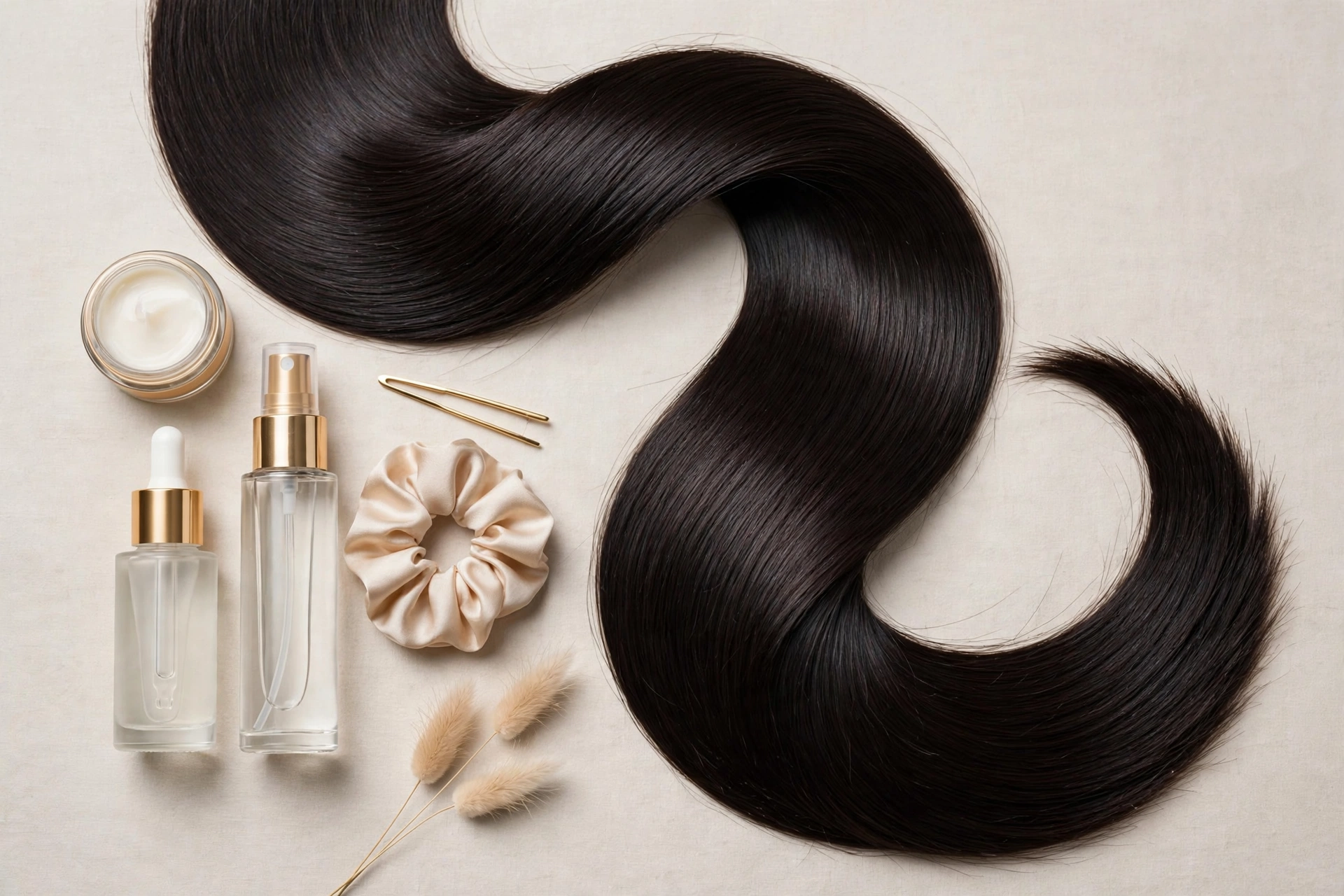 Silk press hair products, anti-humidity serum and heat protectant beside sleek hair