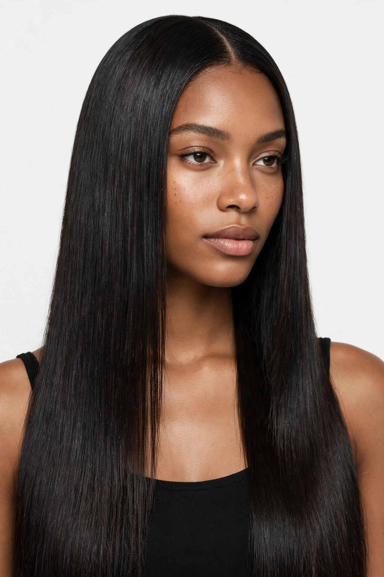 Silk press hair in a clean middle part, long sleek straight glossy natural hair