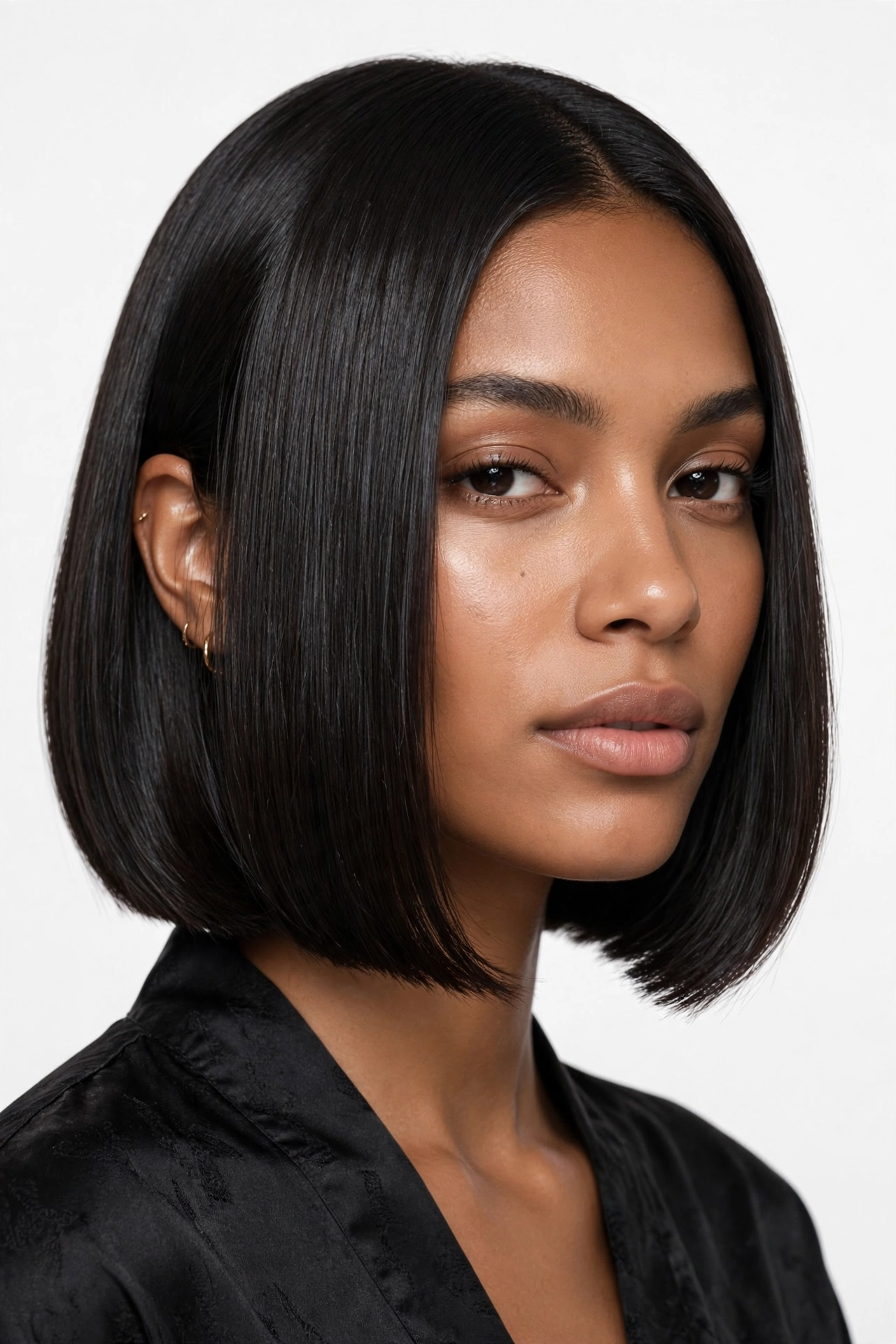 Silk press bob haircut, chin-length sleek straight glossy hair