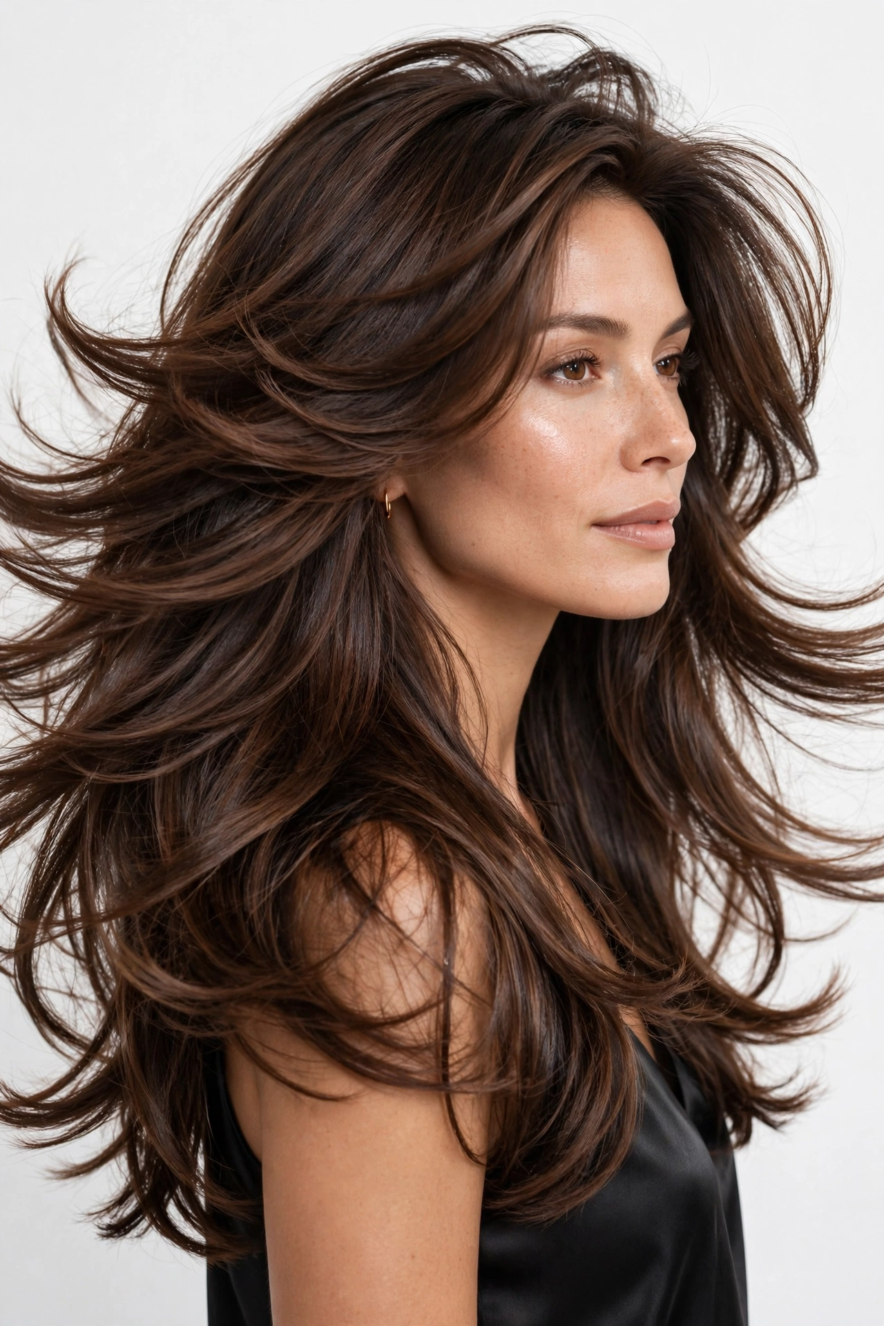 Layered silk press hair with volume and movement, long sleek layers
