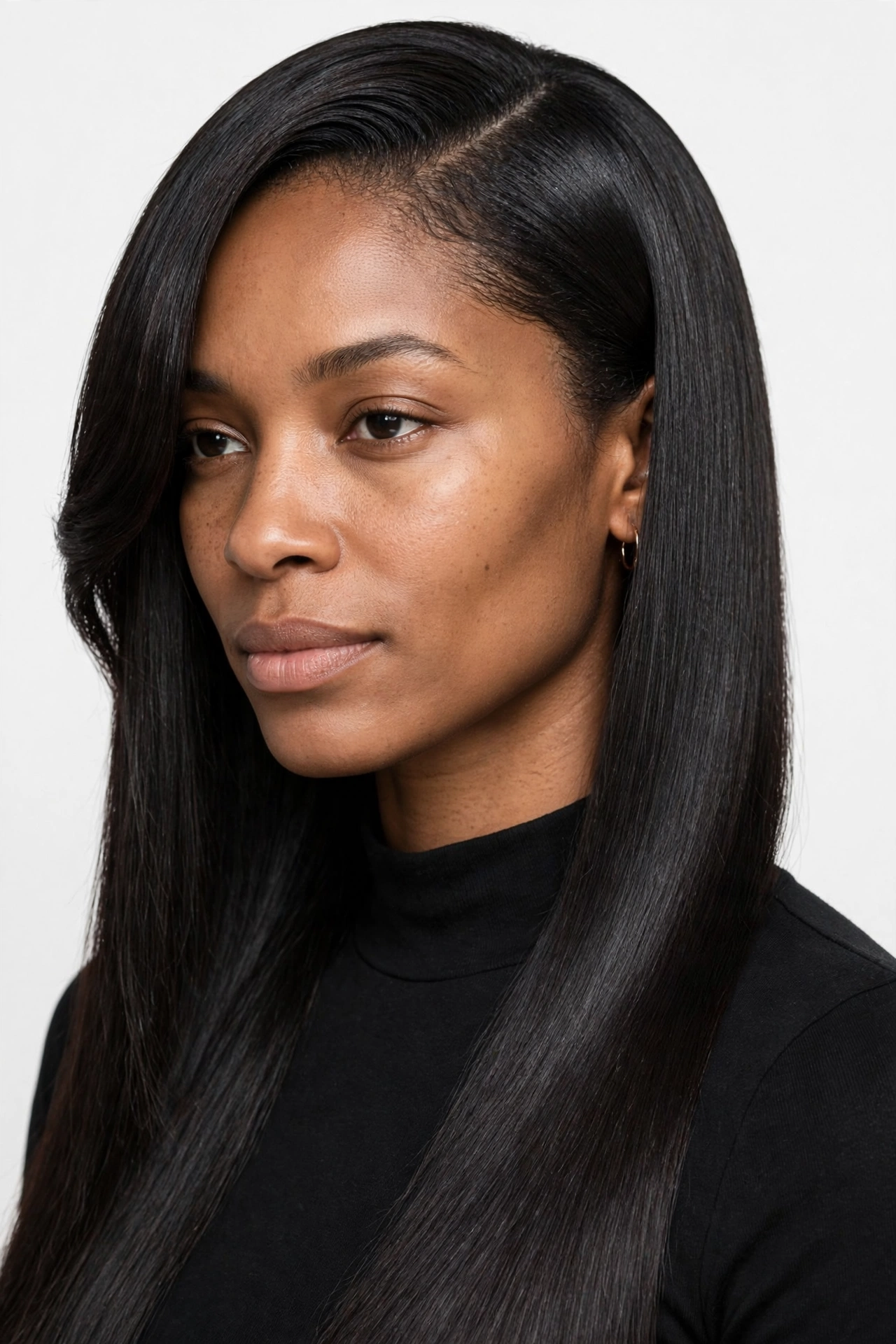 Silk press hair in a deep side part, sleek straight glossy hair swept to one side