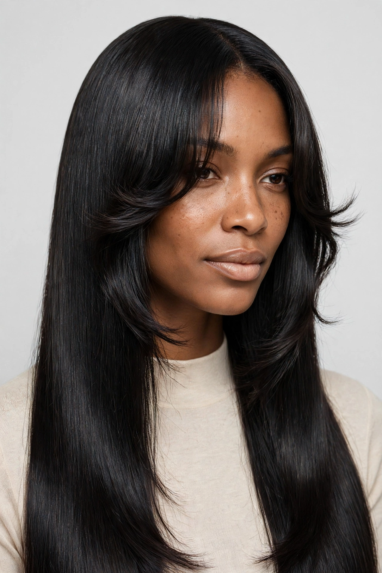 Silk press hair with soft curtain bangs framing the face
