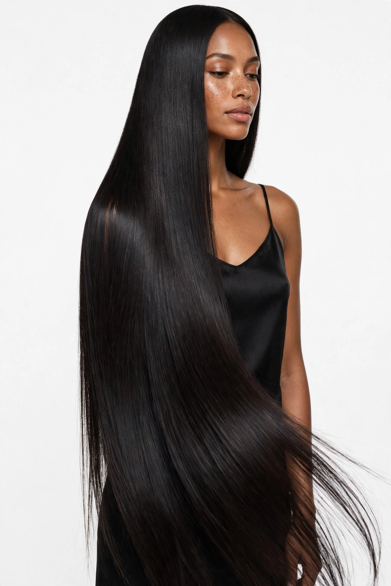 Extra long bone-straight silk press hair, pin straight glossy natural hair