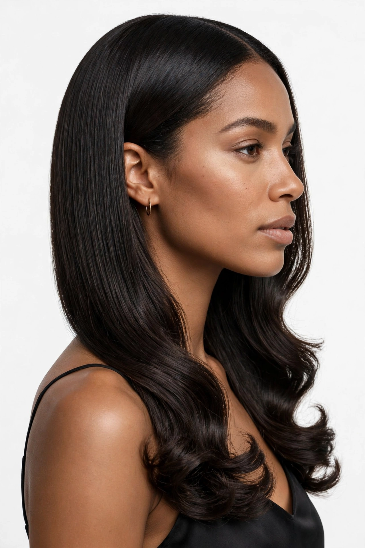 Silk press hair with soft curled ends, sleek roots flowing into gentle curls