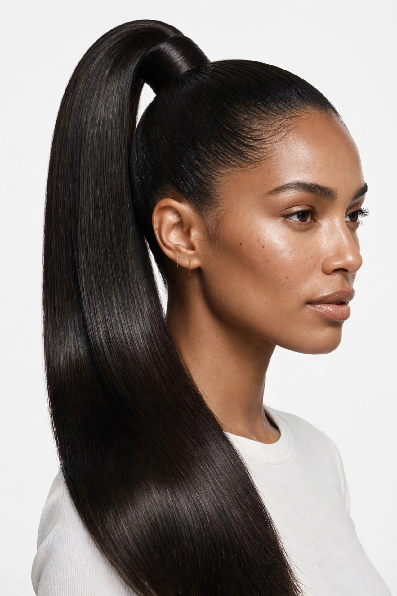 Silk press hair pulled into a sleek high ponytail