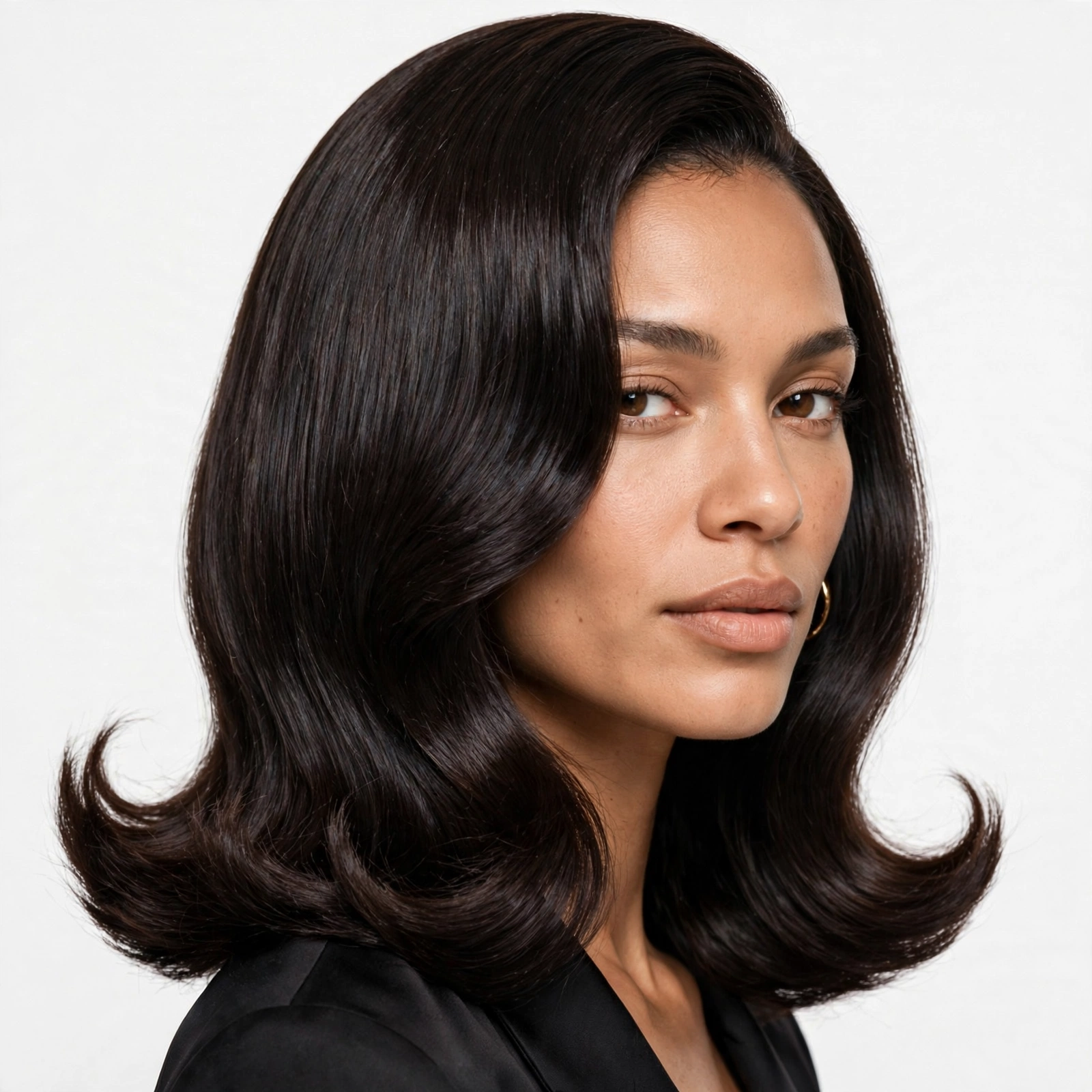 Silk press hair with flipped-out ends, retro bouncy flicked ends