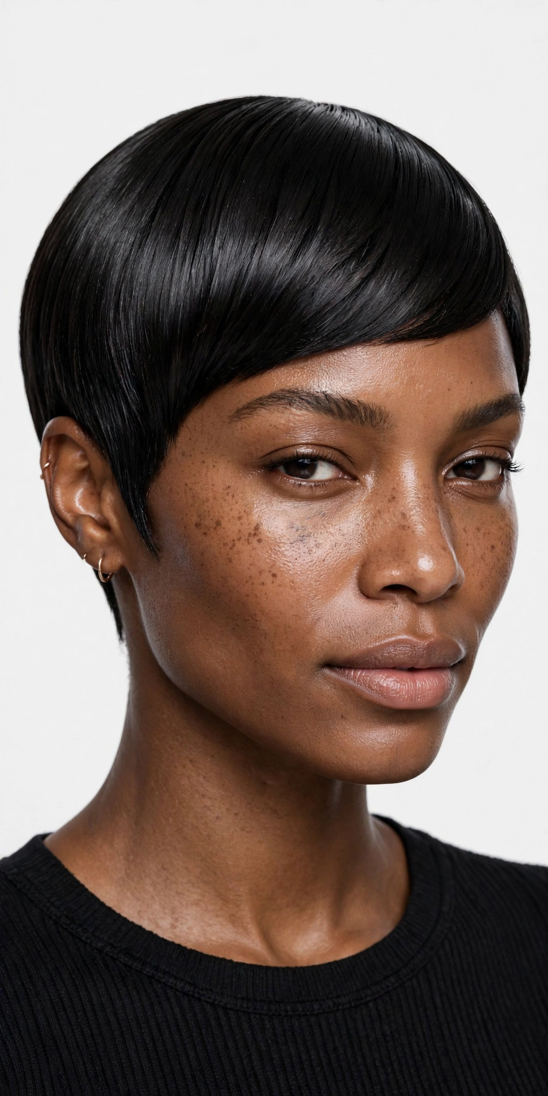 Short pixie cut with a silk press finish, sleek straight glossy short hair