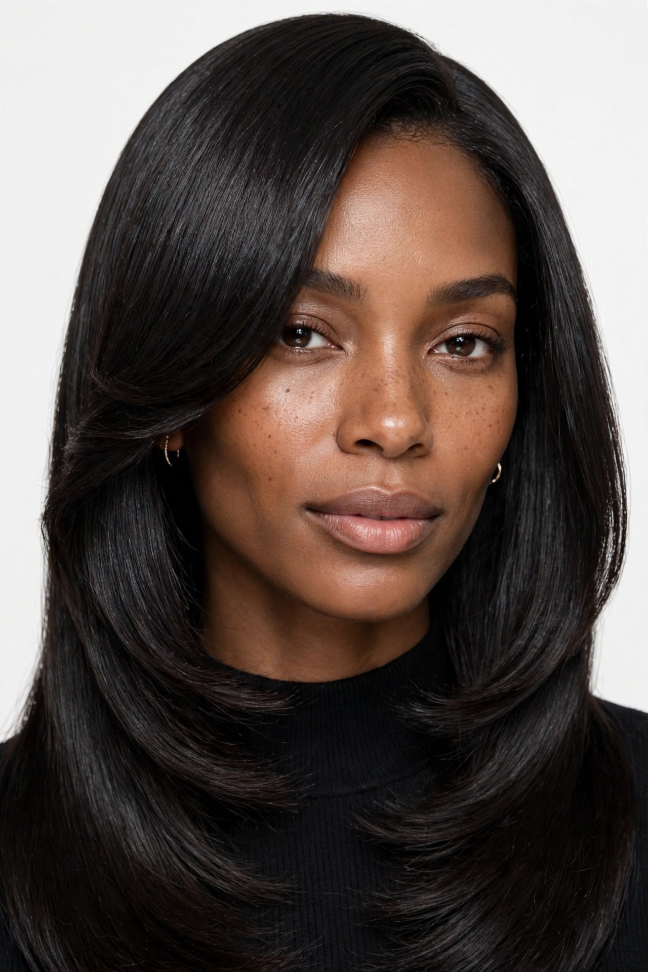 Silk press hair with face-framing layers around the cheeks and jawline